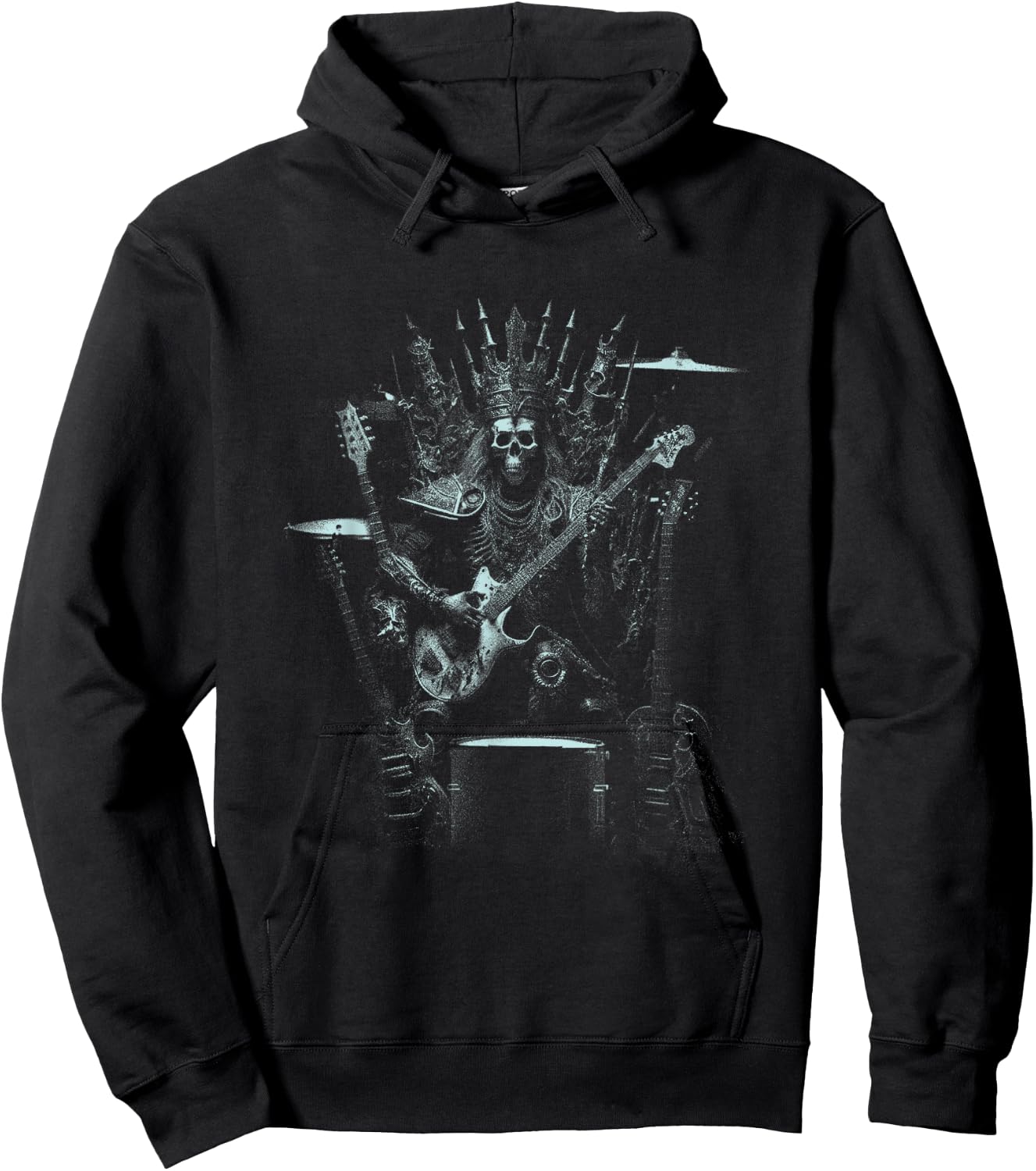 Halloween Skeleton Playing Guitar Throne Rock and Roll Band Hoodie - Hoodie | Black