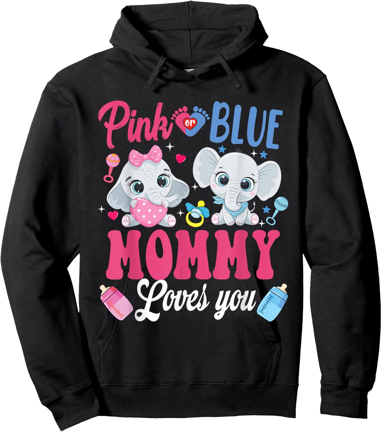 Pink Or Blue Mommy Loves Your shirt Elephant Gender Reveal Hoodie - Hoodie | Black