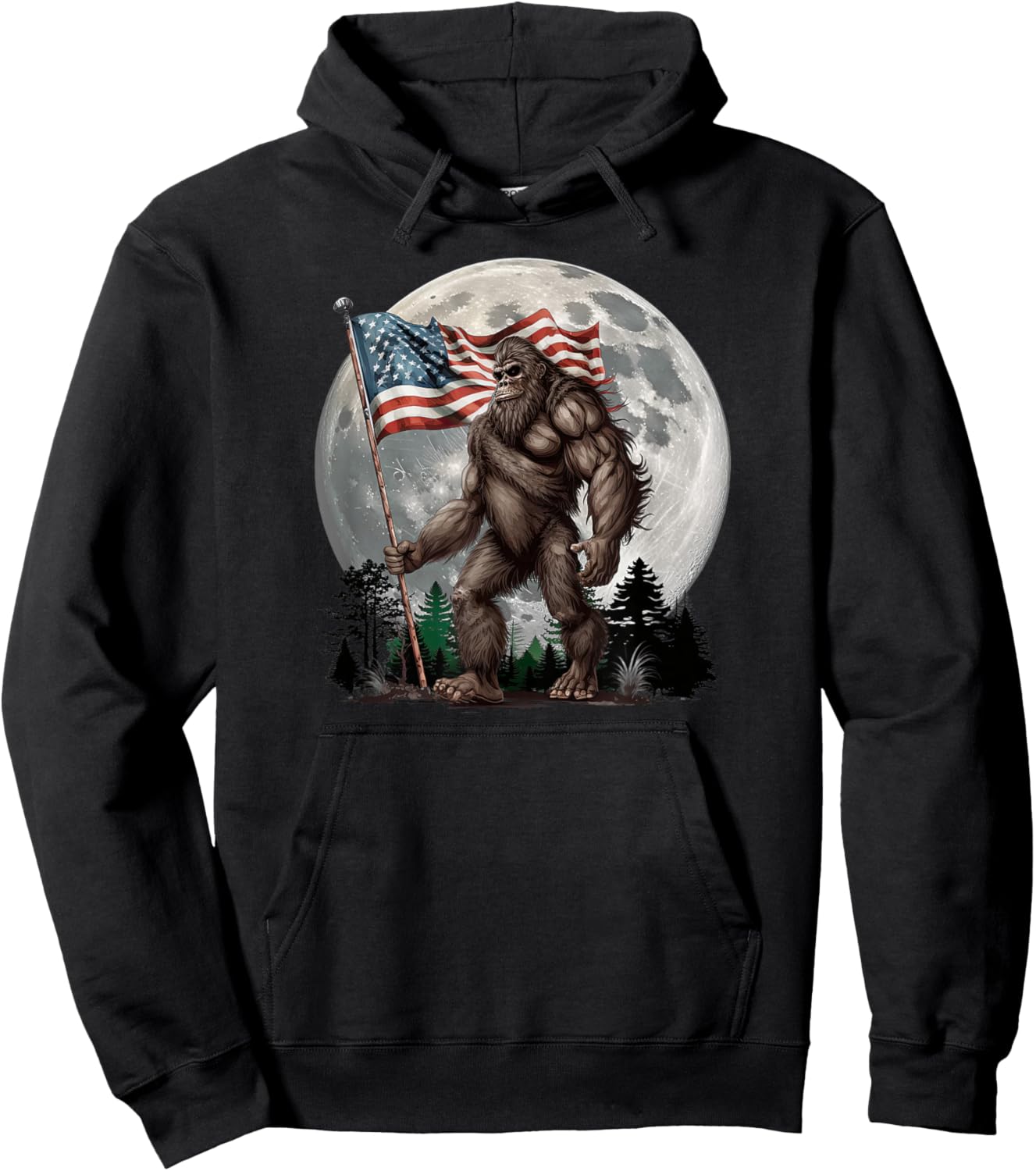 Bigfoot Sasquatch - American Flag Full Moon Patriotic Hoodie - Hoodie | Black