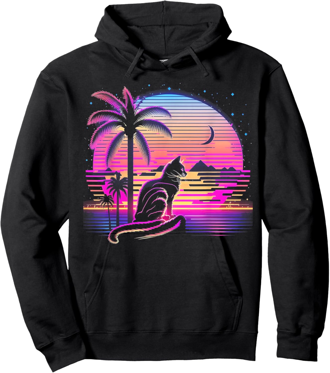 Cat Vaporwave Retrowave Aesthetic Synthwave 80s Palm Tree Men Women Kids Hoodie - Hoodie | Black