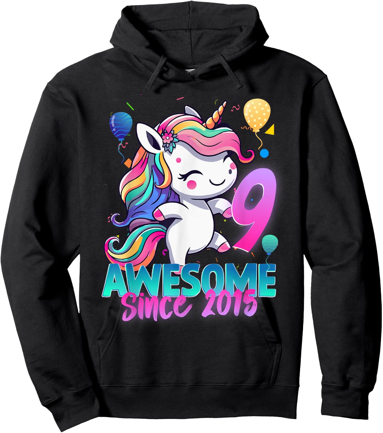 9th Birthday Girl Awesome Since 2015 9 Years Old Unicorn Hoodie - Hoodie | Black