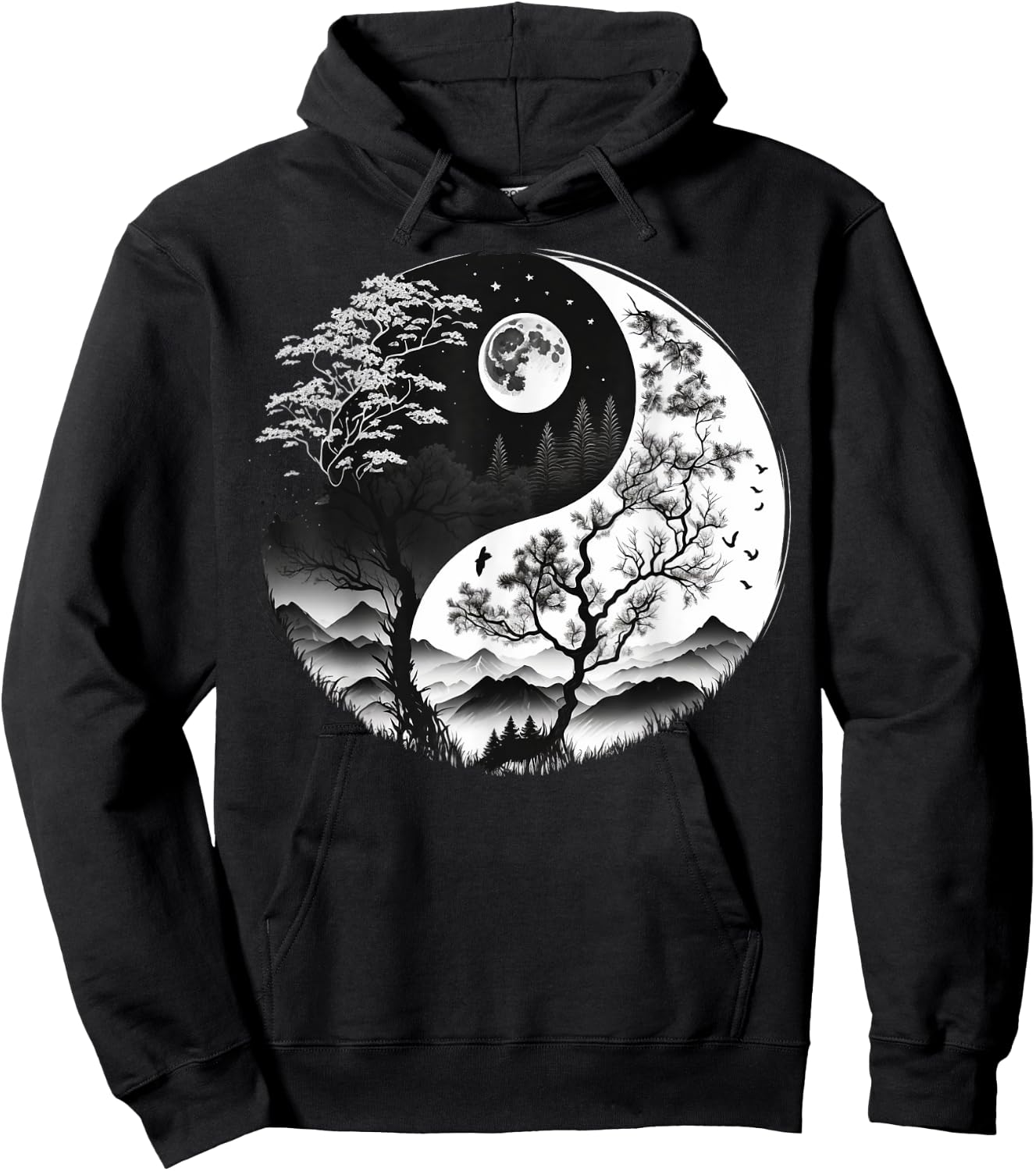 Black and White Yin Yang Symbol on Nature Taijitu Yin Yang Hoodie - Hoodie | Black