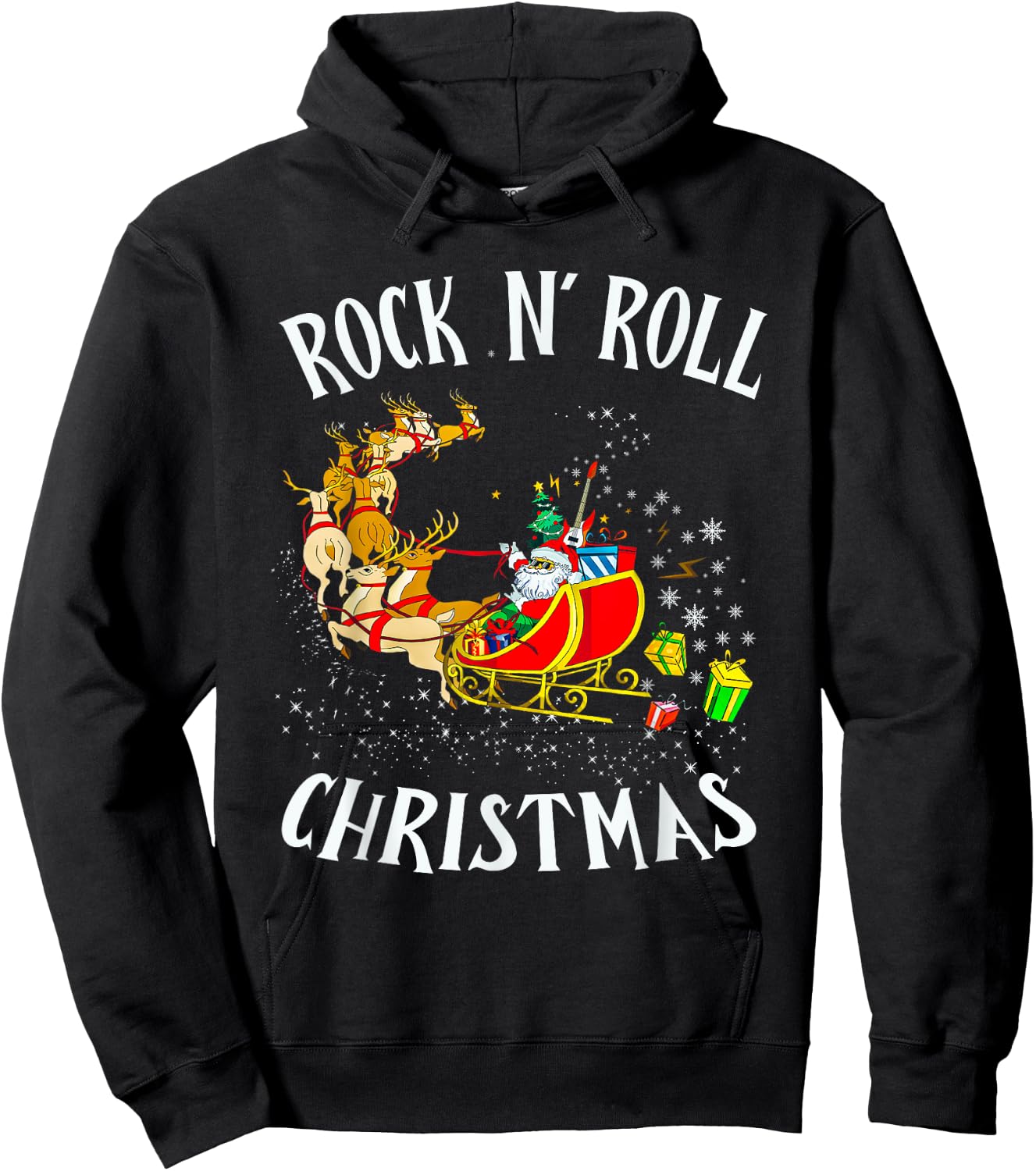 Rock N Roll Christmas Santa Sleigh Reindeer Xmas Hoodie - Hoodie | Black