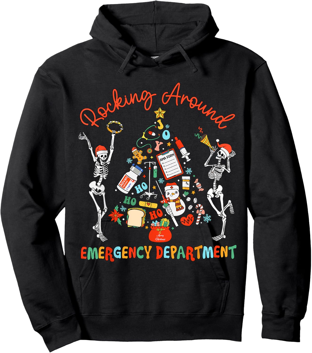 Emergency Department Nurse Rocking Around Skeleton Christmas Hoodie - Hoodie | Black