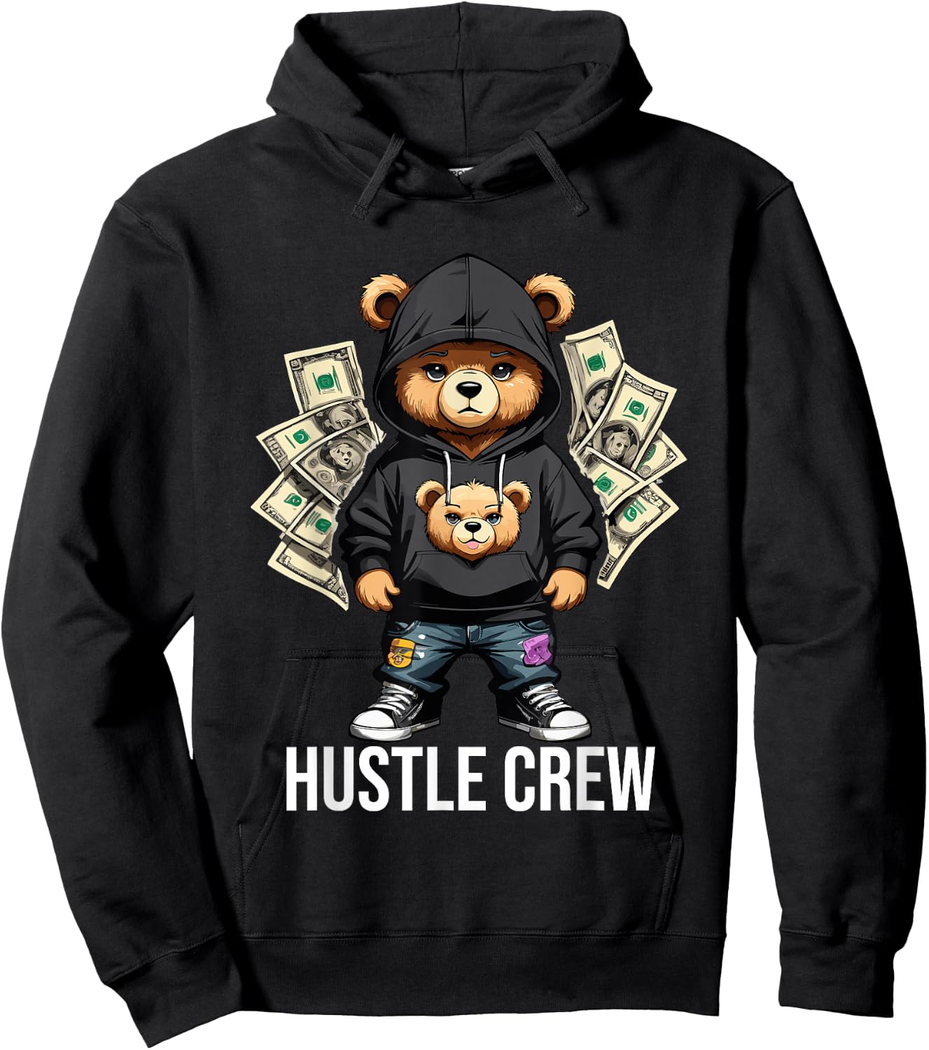 Money Hustle Crew Teddy Bear Gangster Dollar Hustler Hoodie - Hoodie | Black