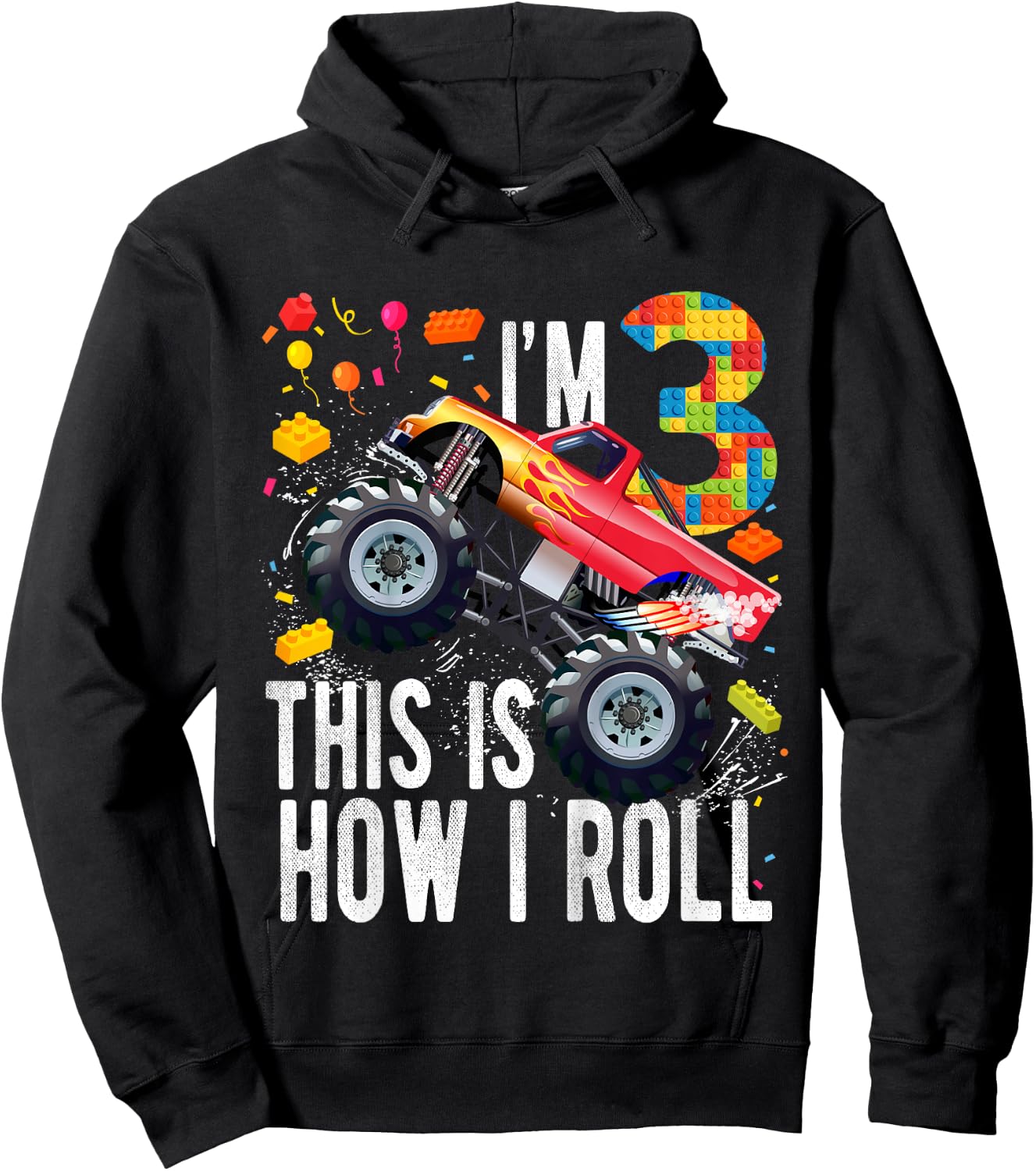 Kids 3 Year Old Building Blocks Monster Truck 3rd Birthday Boy Hoodie - Hoodie | Black