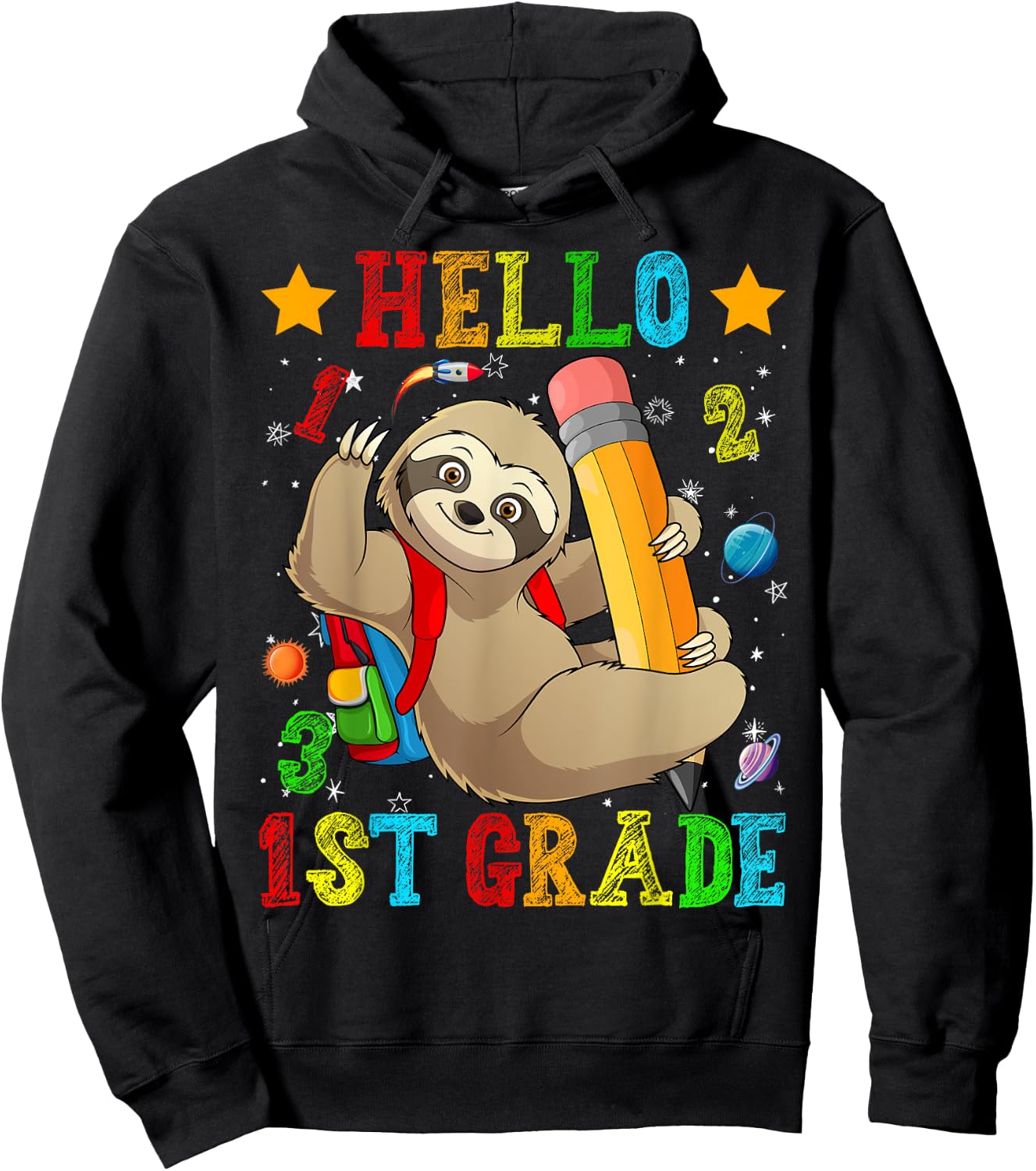 Cute Hello 1st Grade Sloth Animal Back To School Kids Girls Hoodie - Hoodie | Black