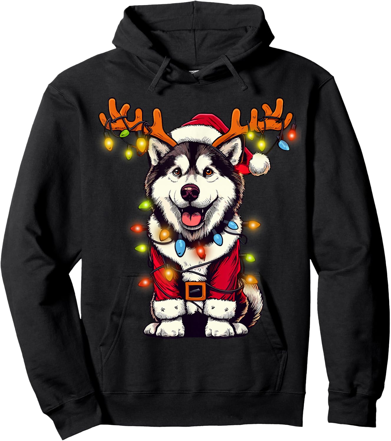 Funny Siberian Husky Christmas Tree Lights, Santa Dog Hoodie - Hoodie | Black