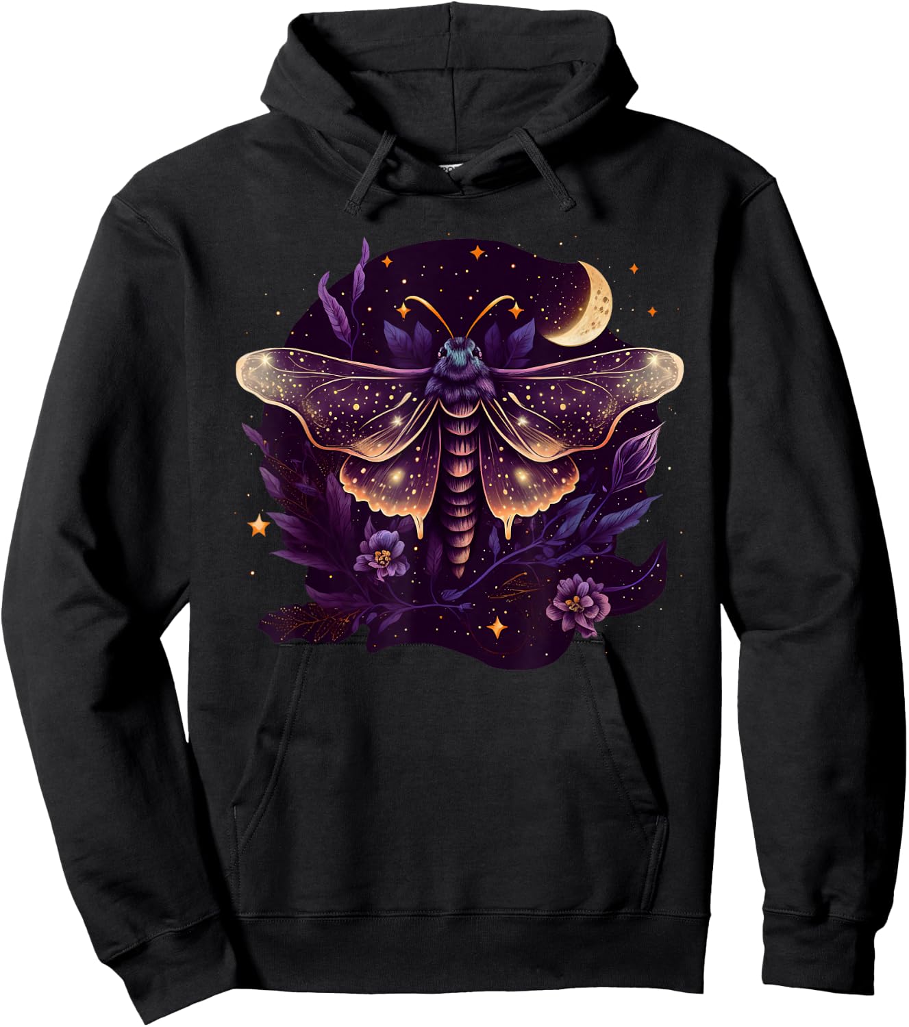 Moth with moon, butterfly, flowers, stars, night, vintage Hoodie - Hoodie | Black
