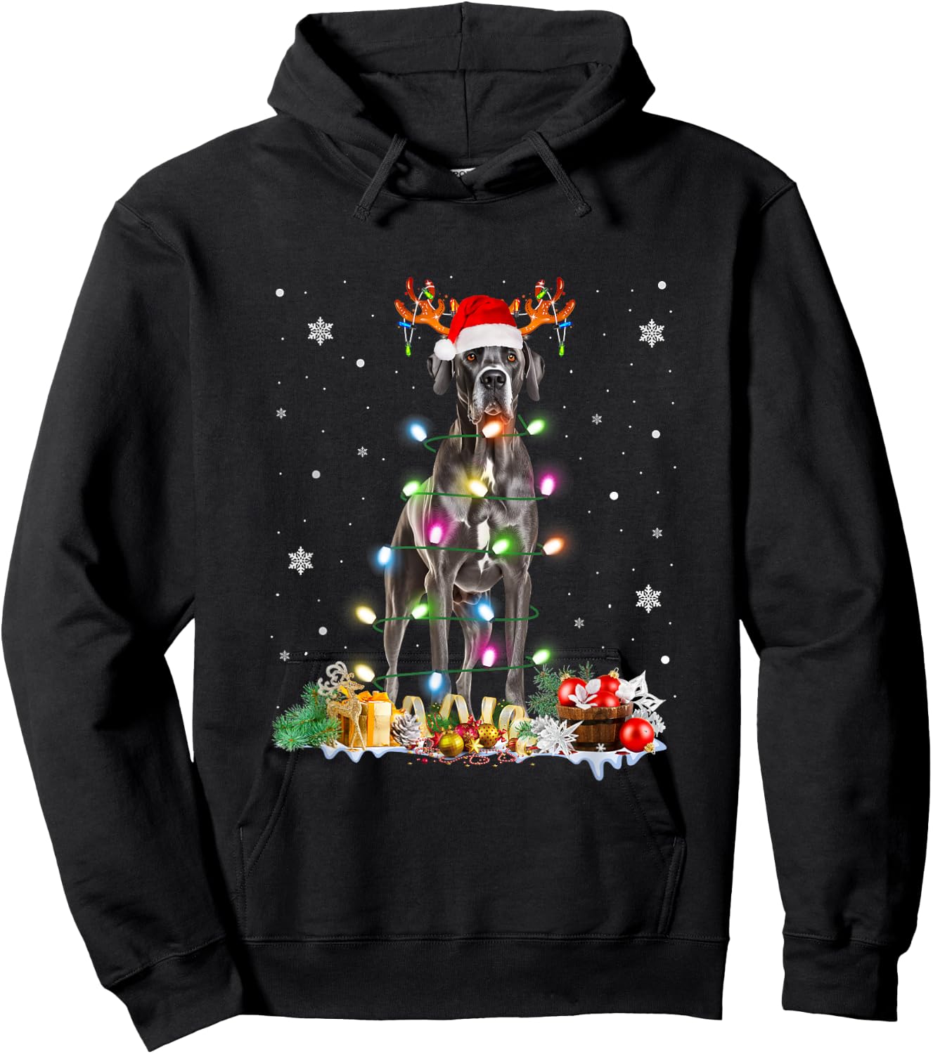 Great Dane Christmas Santa Hat Fairy Lights Pajama Dog Lover Men Women Kids Hoodie - Hoodie | Black