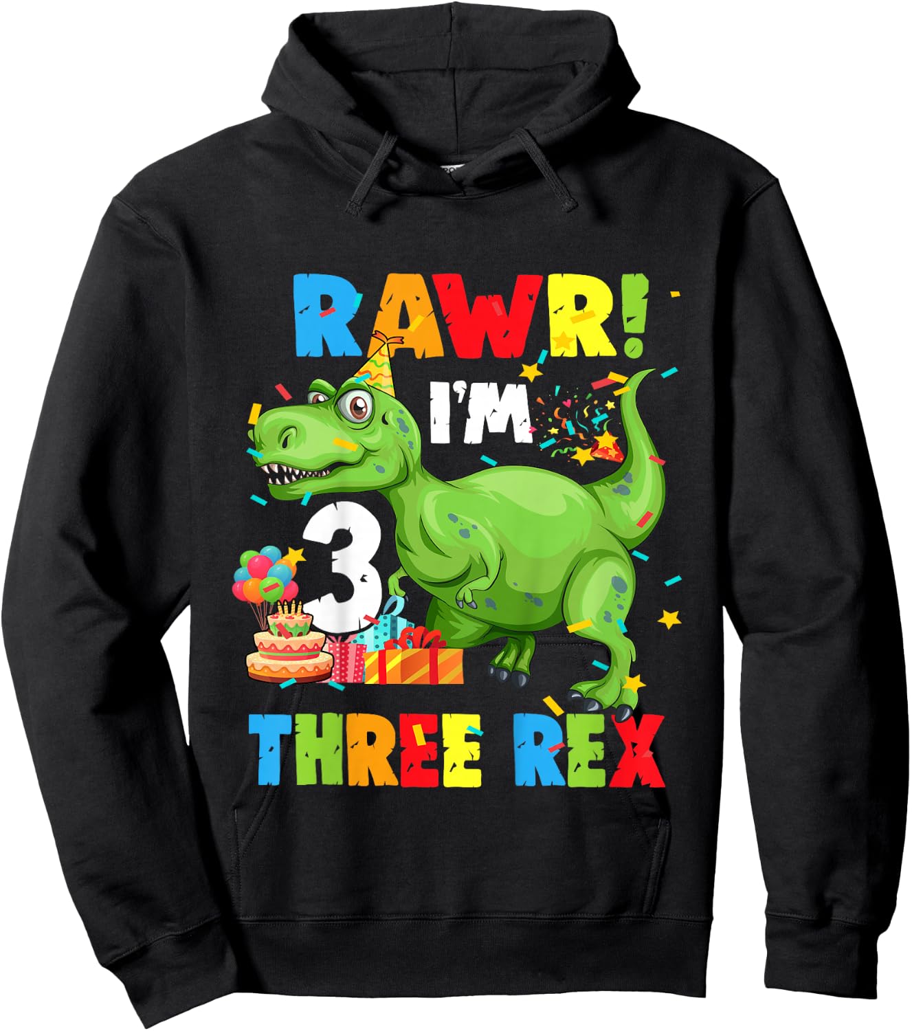 Kids Three Rex Birthday Party Outfit Dinosaur 3 Year Old Boy Hoodie - Hoodie | Black