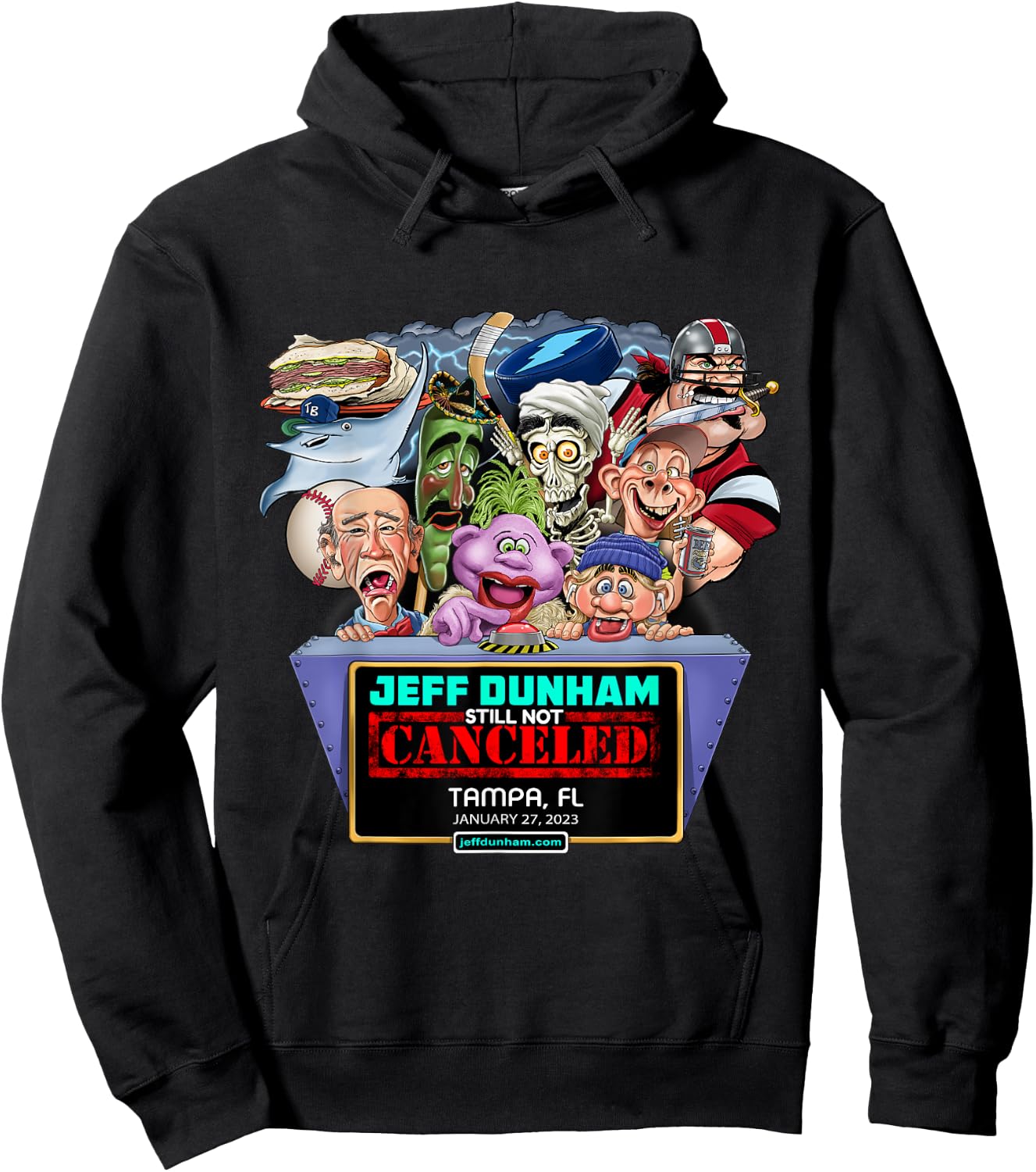 Jeff Dunham Black Cartoon , -Adults/Kids, Small, Short Sleeve, Classic Fit, Modern Style, Limited Edition Design, Jeff Dunham Tampa, FL (2023) Hoodie - Hoodie | Black