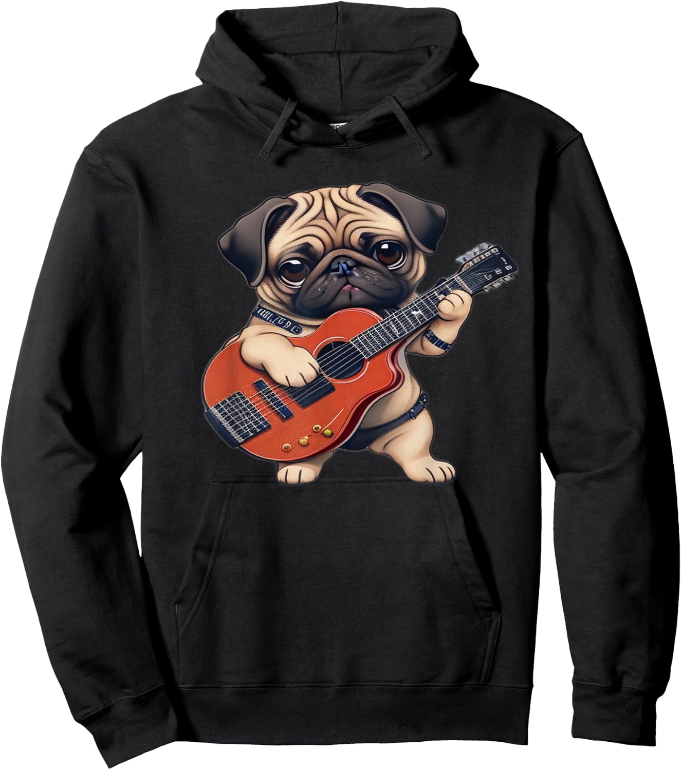 Pug Playing Guitar Cute Pug Electric Bass Guitar Player Hoodie - Hoodie | Black