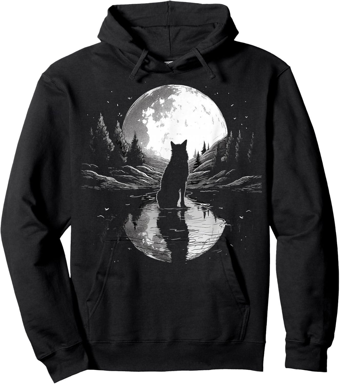 wolf looking moon on River for lover wolves wildlife animal Hoodie - Hoodie | Black