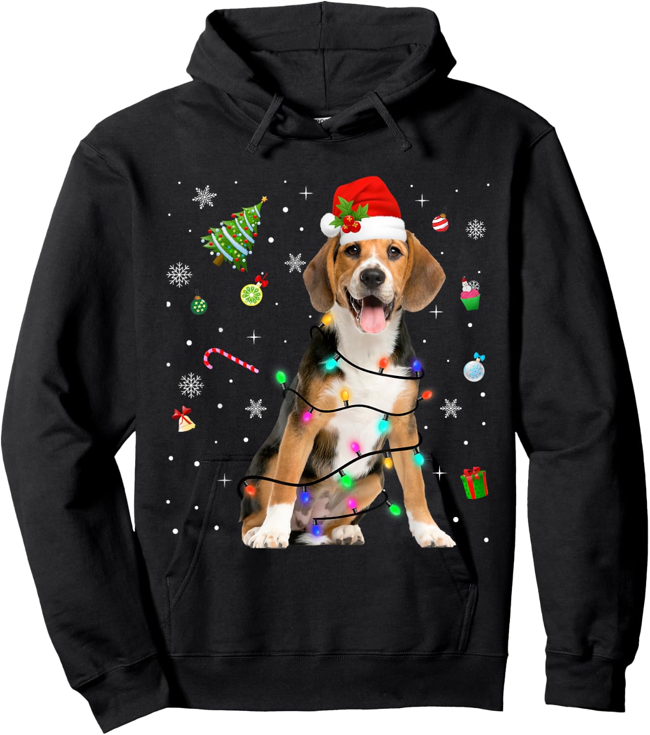 Beagle Dog Christmas Lights Santa Hat Dog Dad Mom Women Kids Hoodie - Hoodie | Black