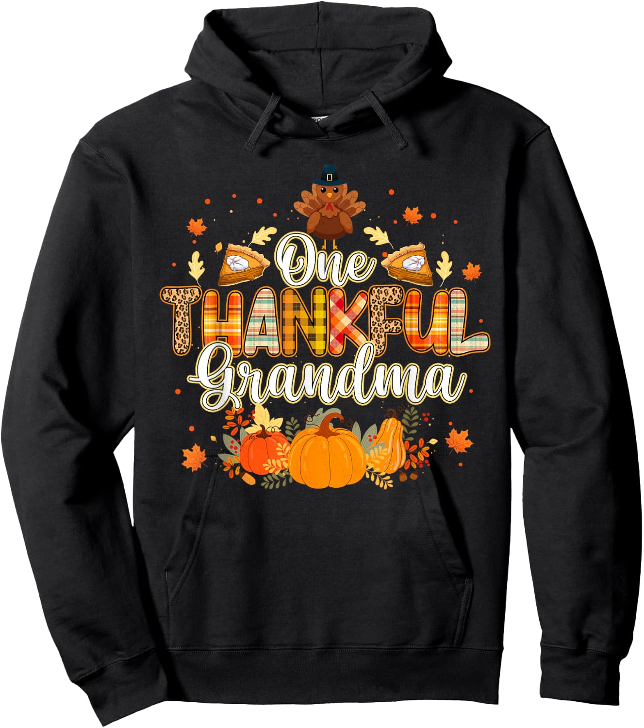One Thankful Grandma Fall Leaves Autumn Grandma Thanksgiving Hoodie - Hoodie | Black