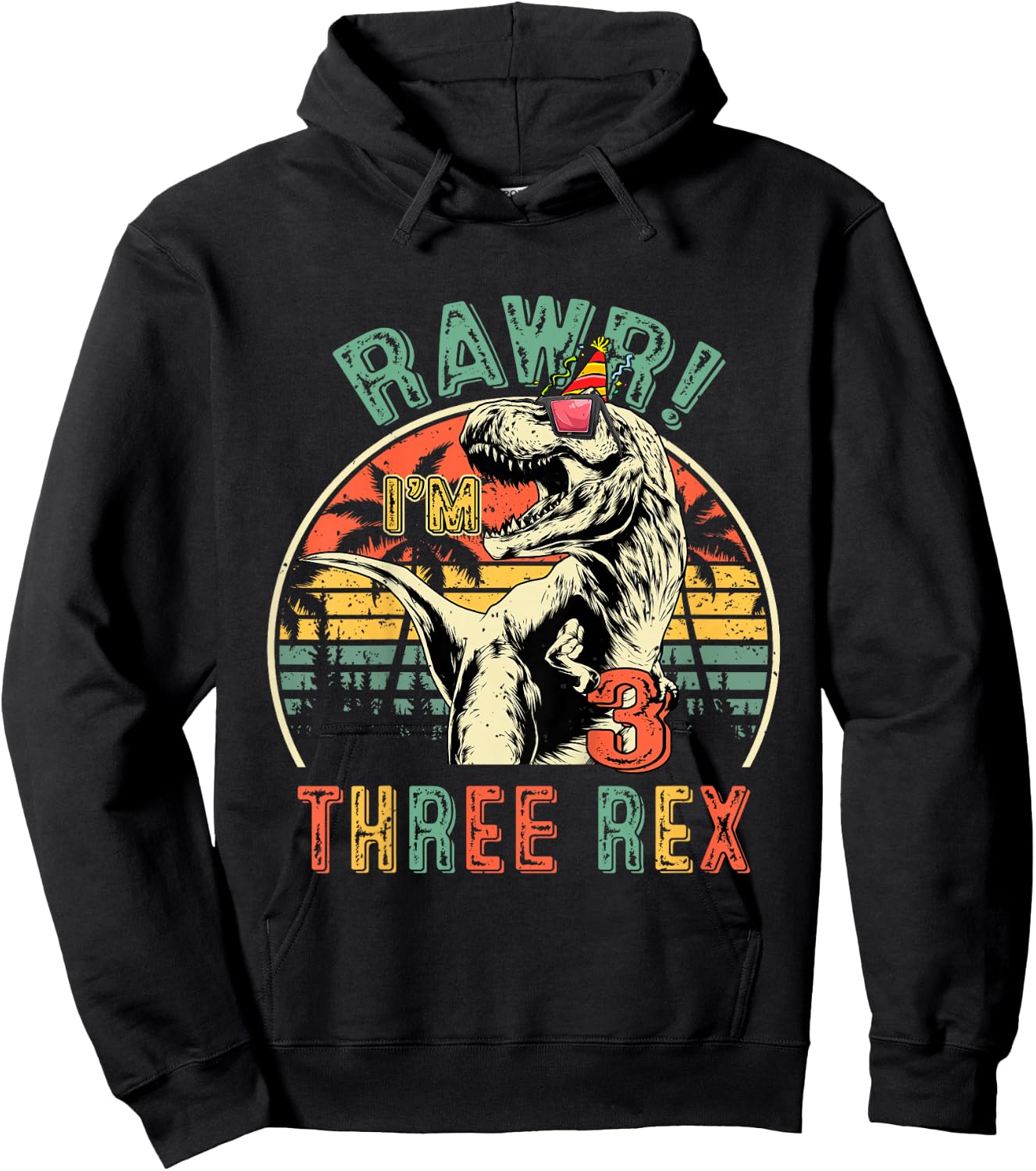 Kids Three Rex Birthday Party Outfit Dinosaur 3 Year Old Boy Hoodie - Hoodie | Black