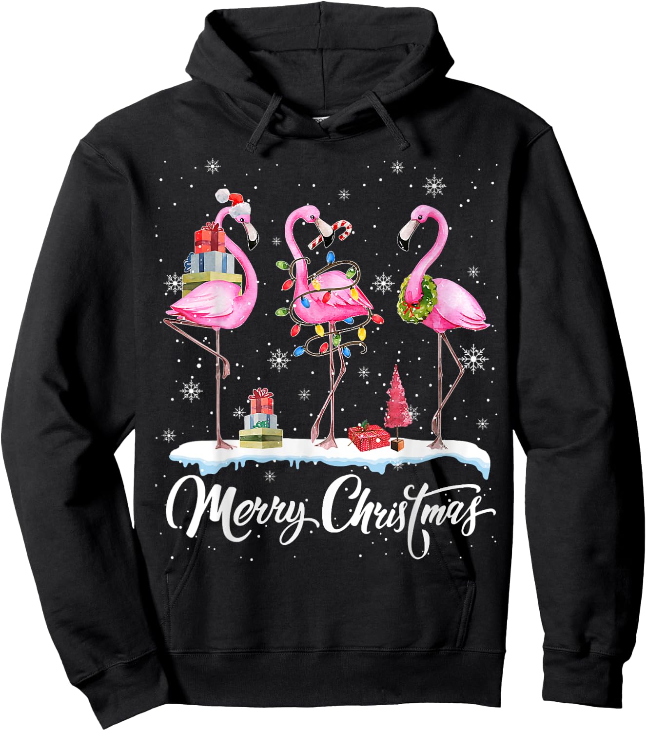 Merry Christmas Hat Santa Flamingo Light Christmas In July Hoodie - Hoodie | Black