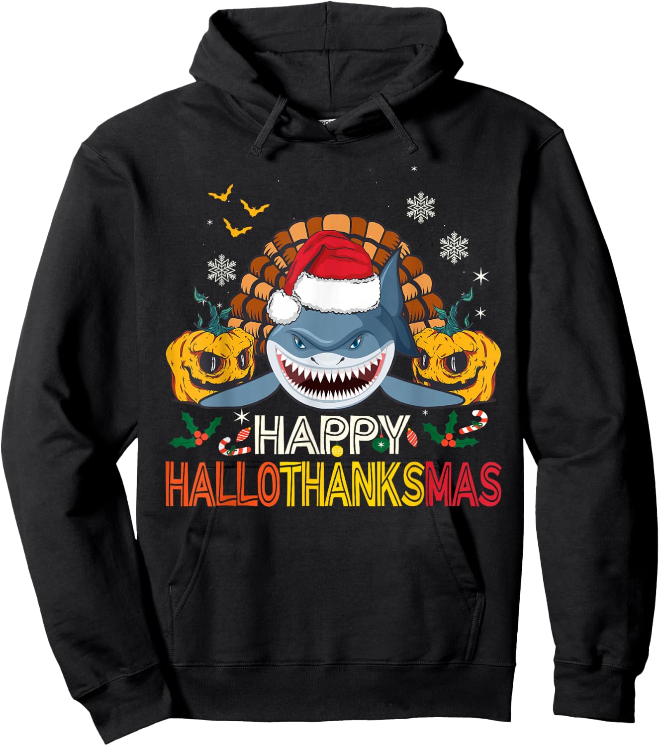Happy HalloThanksMas Shark Halloween Thanksgiving Christmas Hoodie - Hoodie | Black