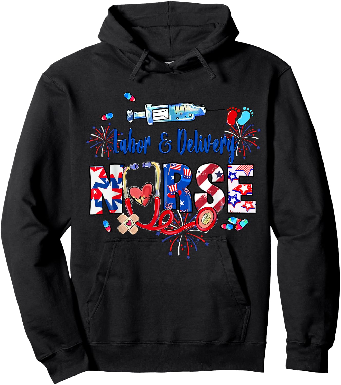 Labor & Delivery Nurse American Flag Patriotic 4th Of July Men Hoodie - Hoodie | Black