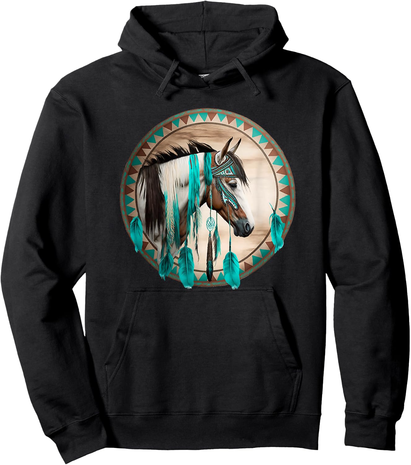Western Horse Tribal Turquoise Stripe Design Hoodie - Hoodie | Black