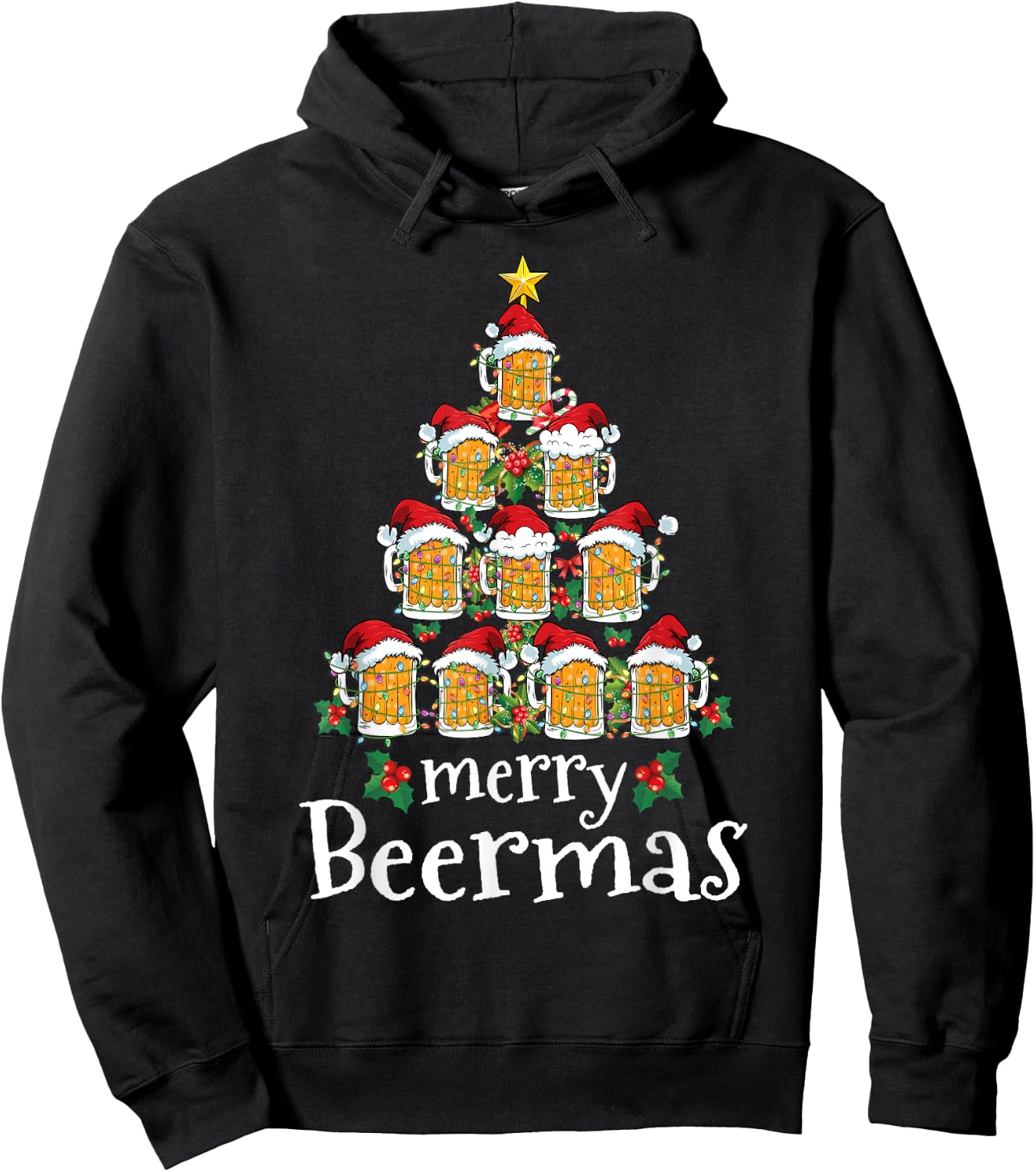 Funny Christmas Shirt Women Men Merry Beermas Beer Mug Tree Hoodie - Hoodie | Black