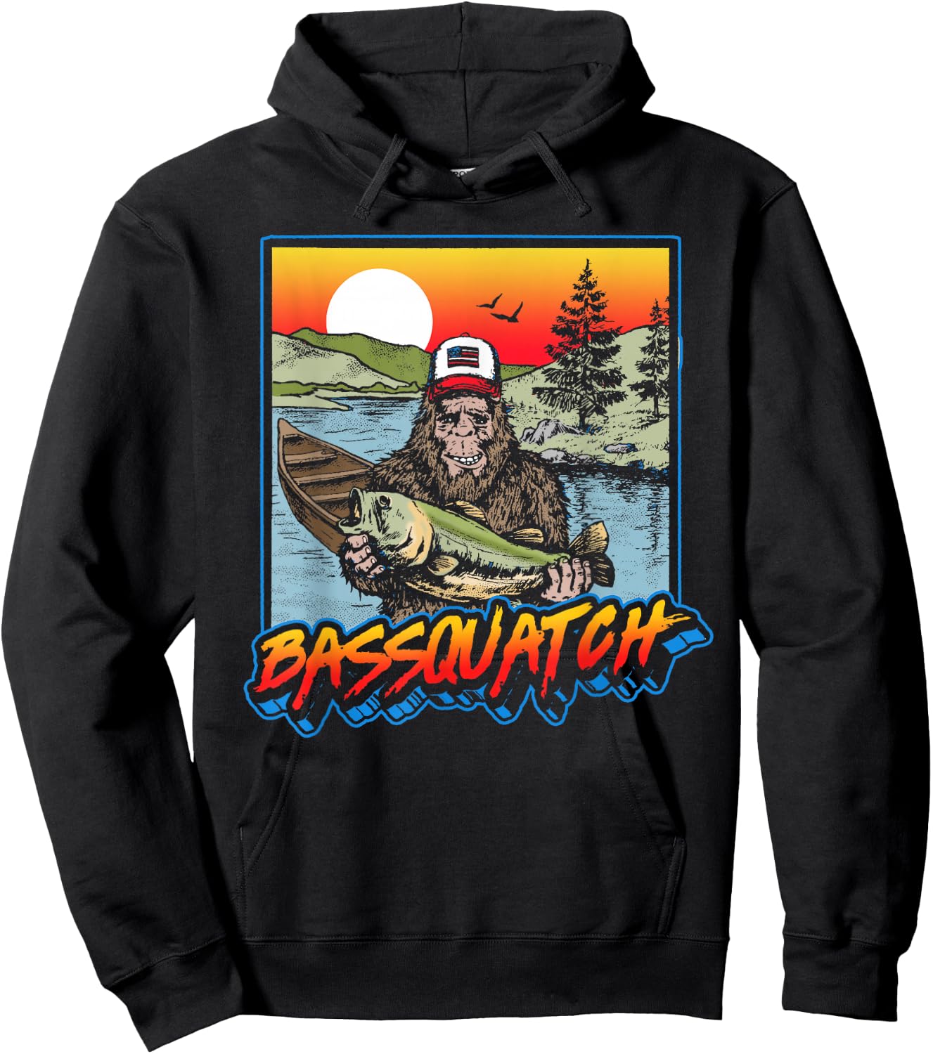 Bassquatch! Funny Bass Fishing Sasquatch Retro 80s Hoodie - Hoodie | Black