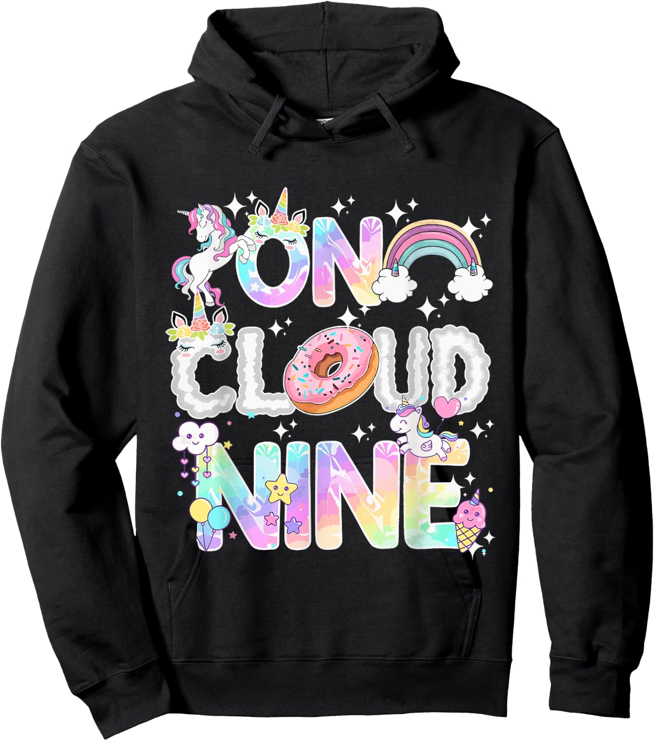 On Cloud Nine Unicorn Donut Birthday Shirt, 9th Birthday Hoodie - Hoodie | Black