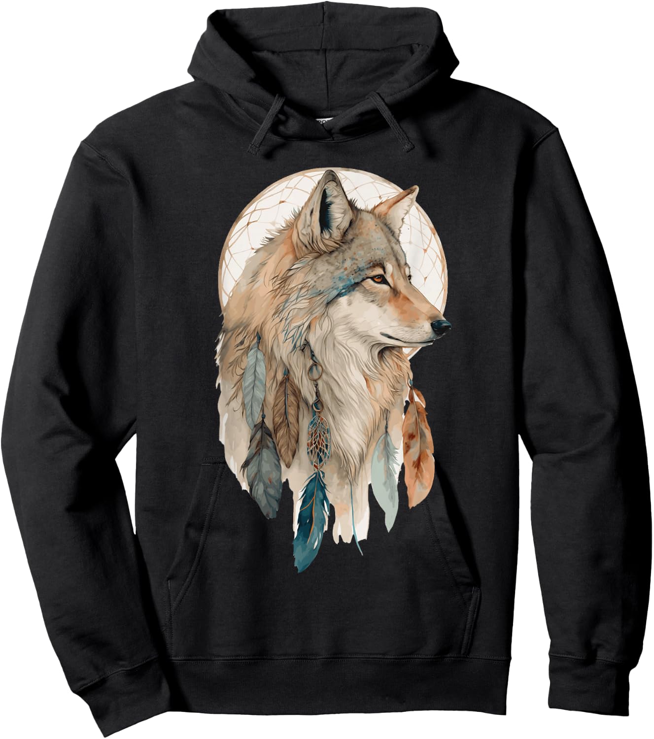 Wolf Tribal Watercolor Wolf Dream Catcher Hoodie - Hoodie | Black