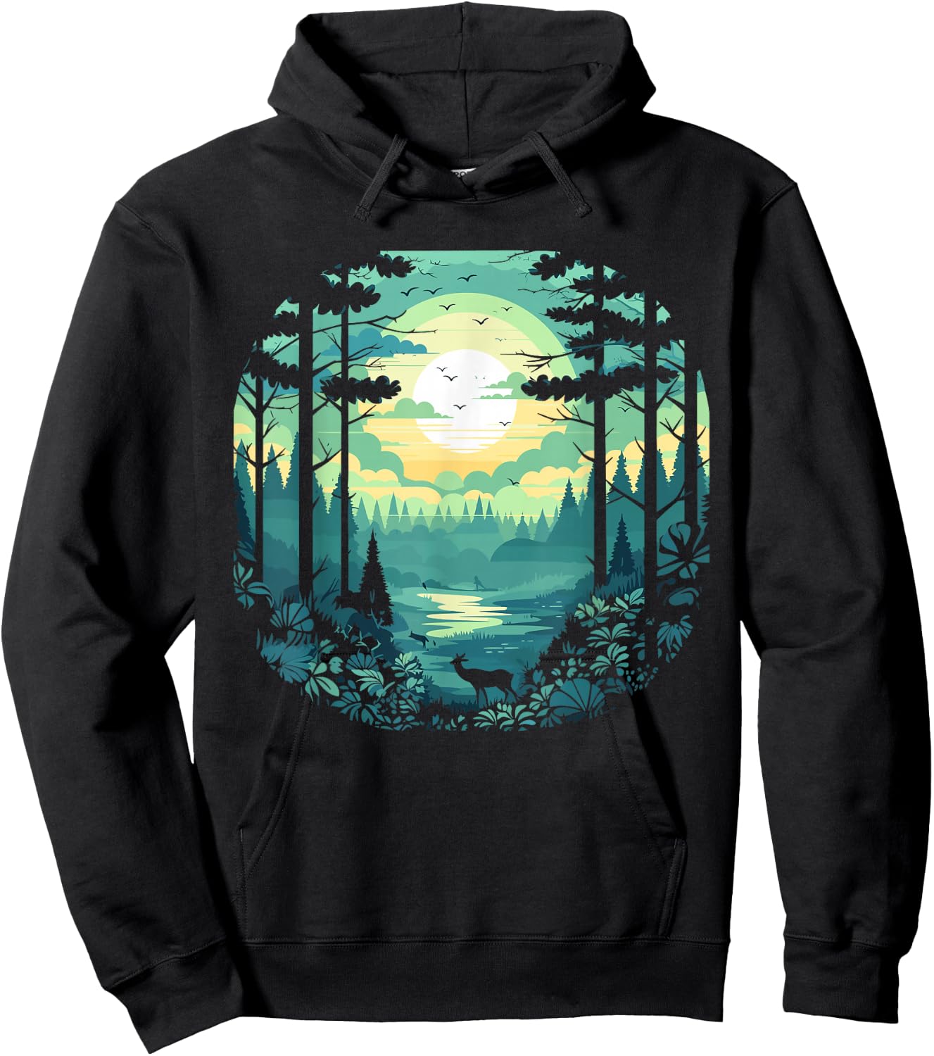 Sunset Forest And Nature Pine Tree Teal Hoodie - Hoodie | Black