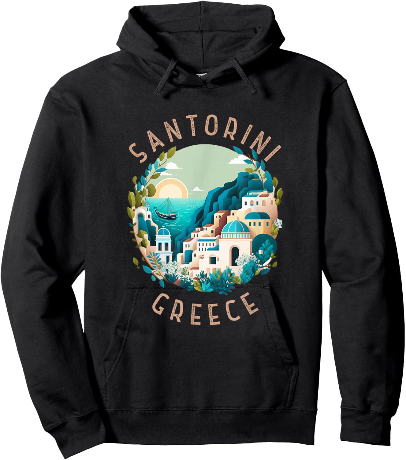 Santorini Greece Retro Distressed Circle Hoodie - Hoodie | Black
