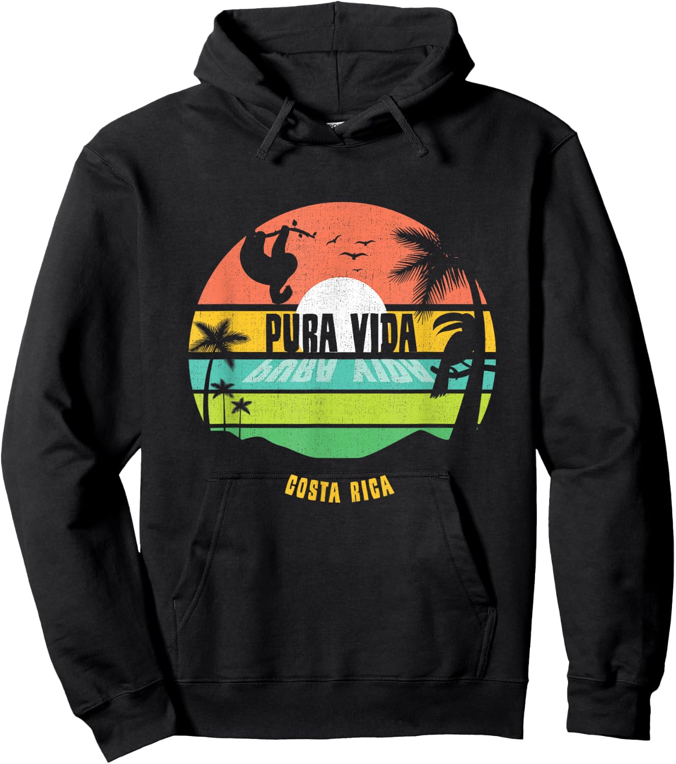 Costa Rica Pura Vida Tropical Sloth & Toucan Sunset Souvenir Hoodie - Hoodie | Black