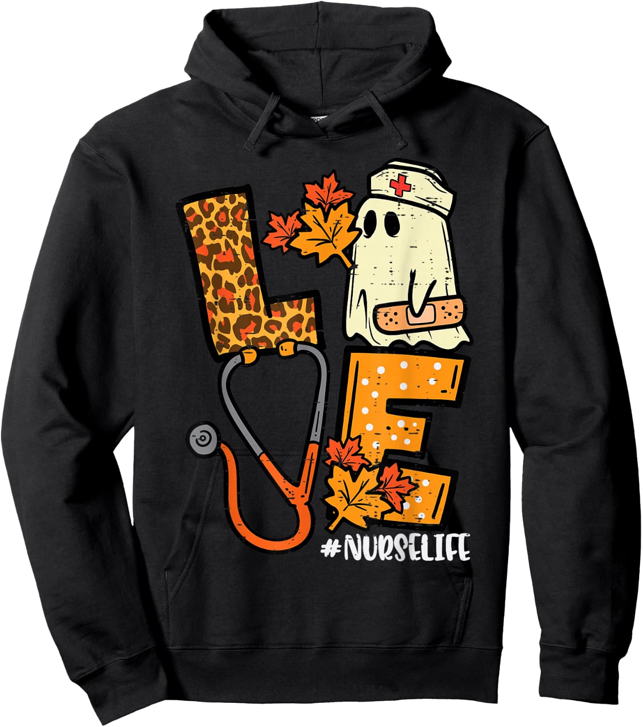 Leopard Ghost Nurse Halloween Costume Fall Scrub Top Women Hoodie - Hoodie | Black