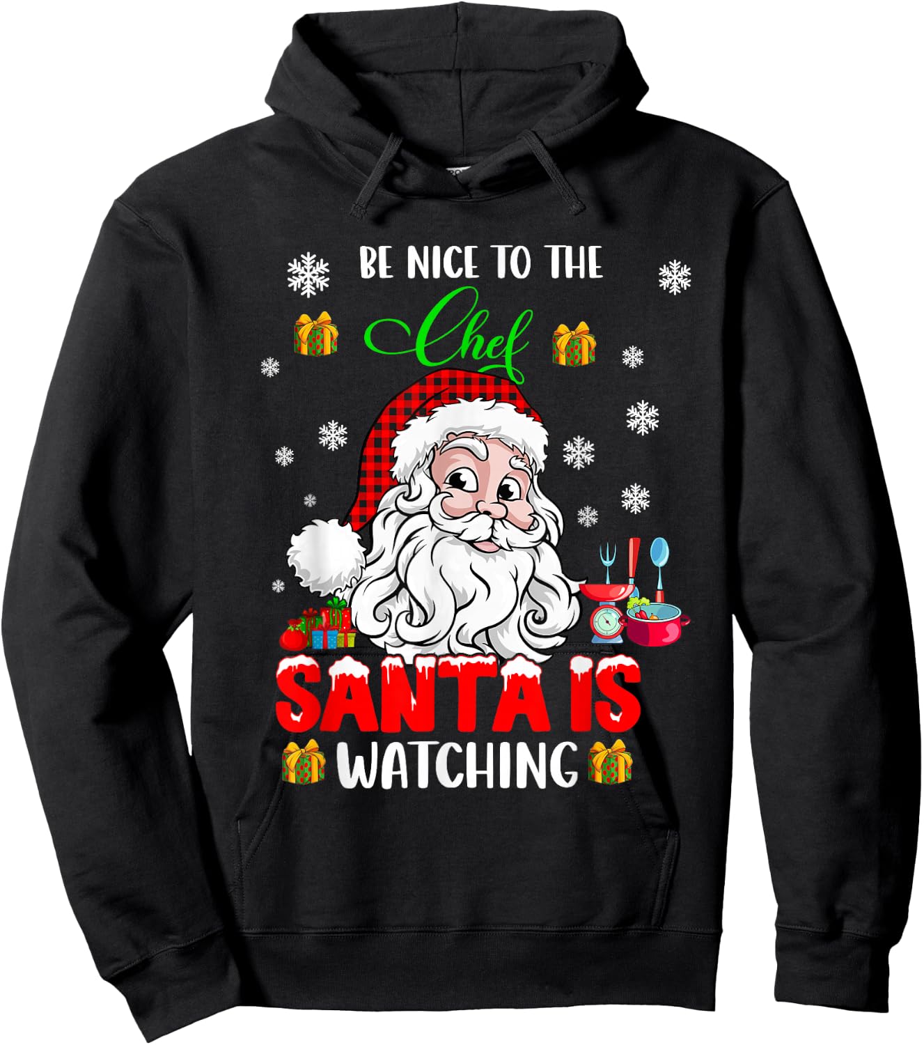 Be Nice to The Chef Santa is Watching Xmas Santa Face Chef Hoodie - Hoodie | Black
