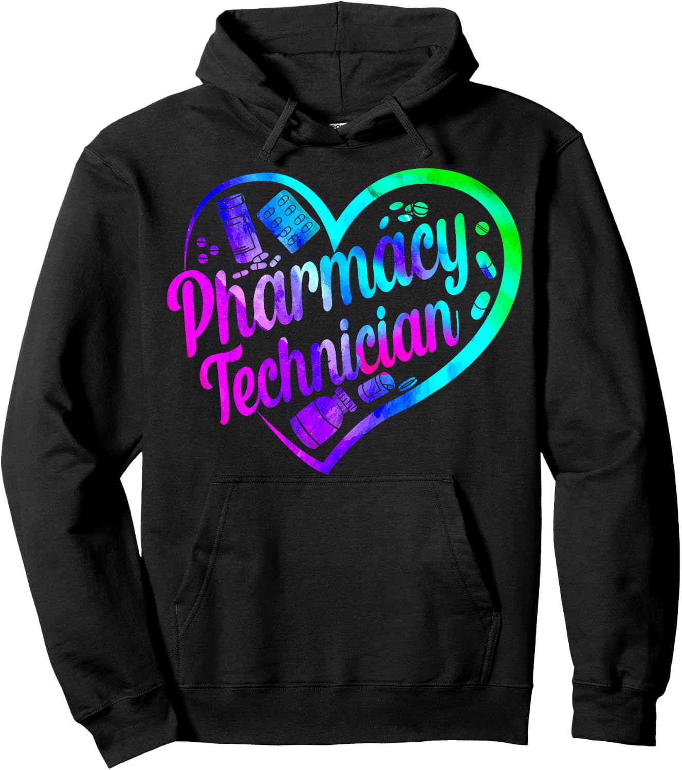 Pharmacy Tech Technician Pharmacist Student Heart Watercolor Hoodie - Hoodie | Black