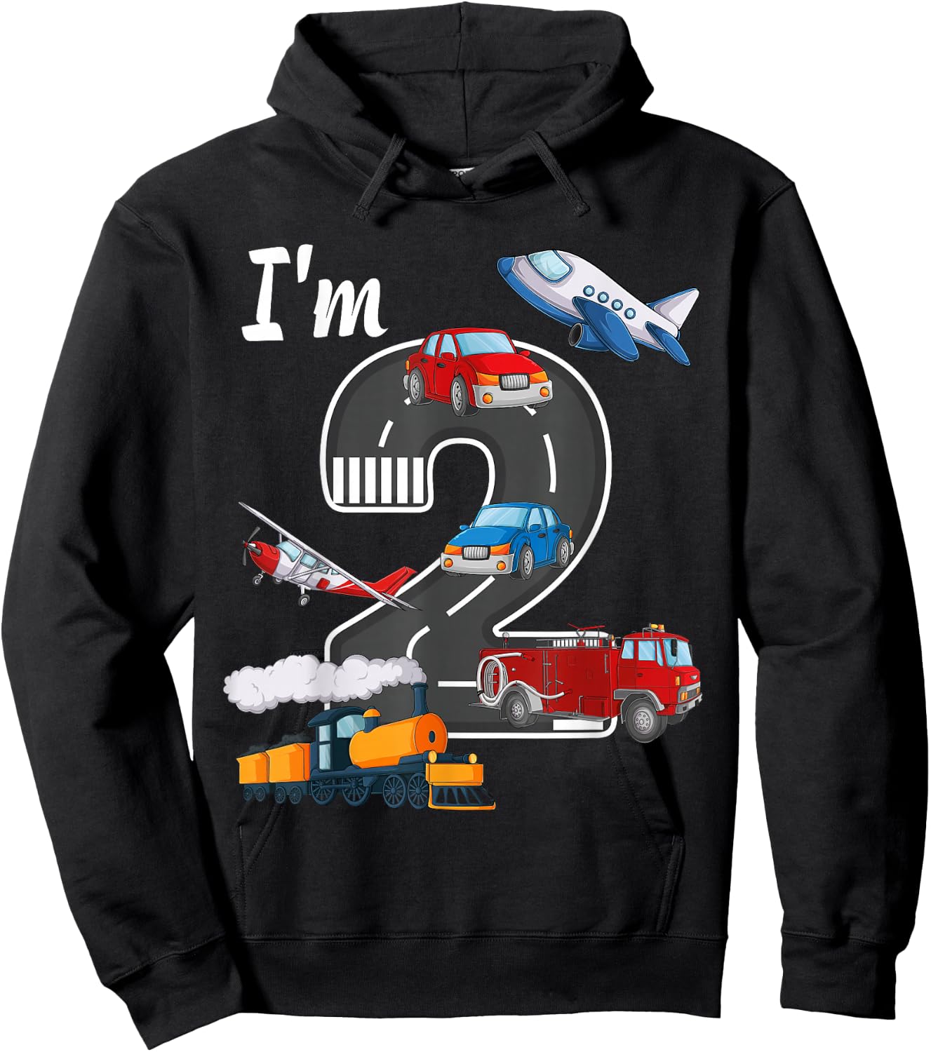 Trains Car Fire Truck Airplane 2nd Birthday Boy 2 Year Old Hoodie - Hoodie | Black