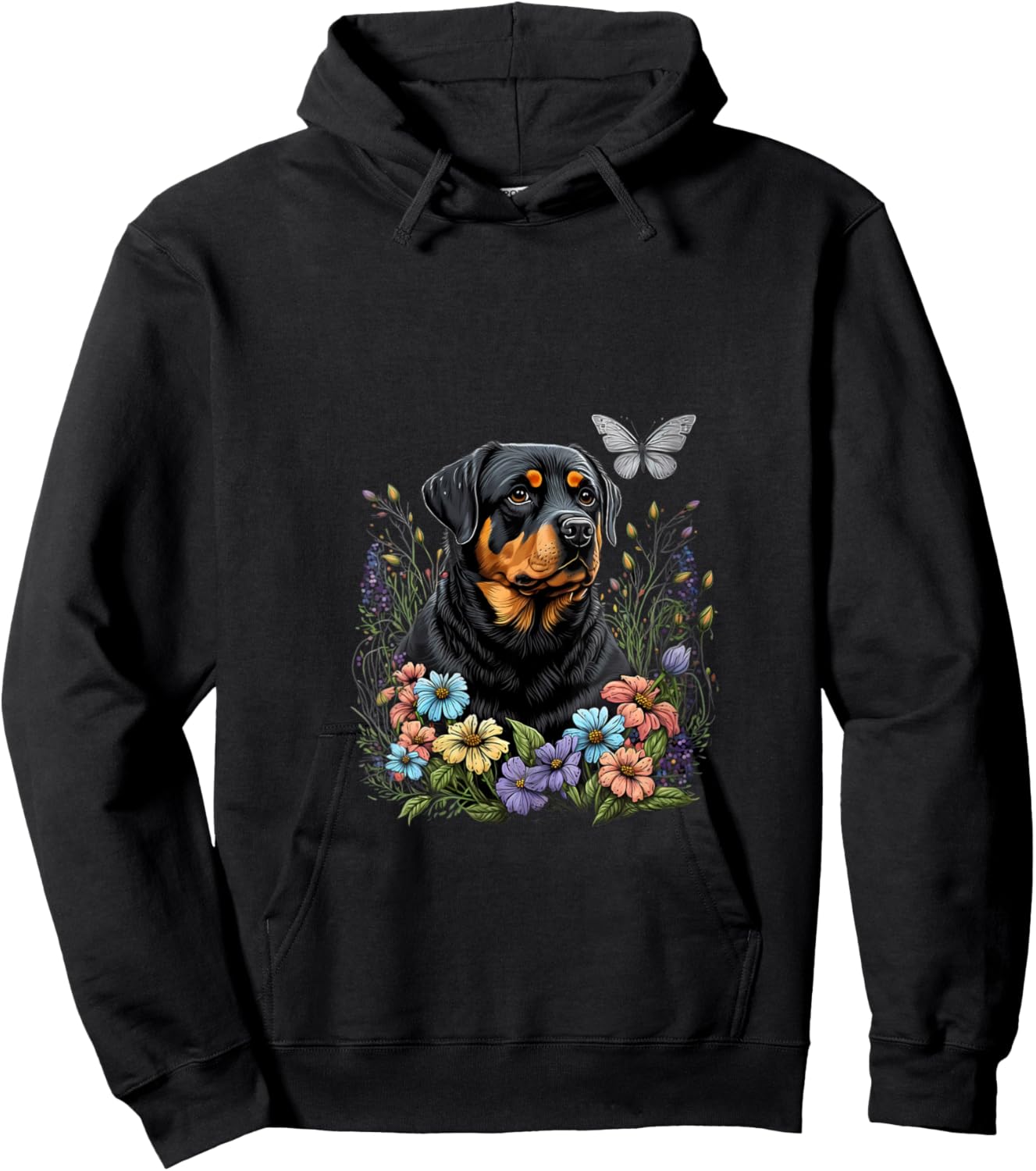 Women's Rottweiler and Butterfly in the Spring Garden Floral Black V-Neck Hoodie - Hoodie | Black