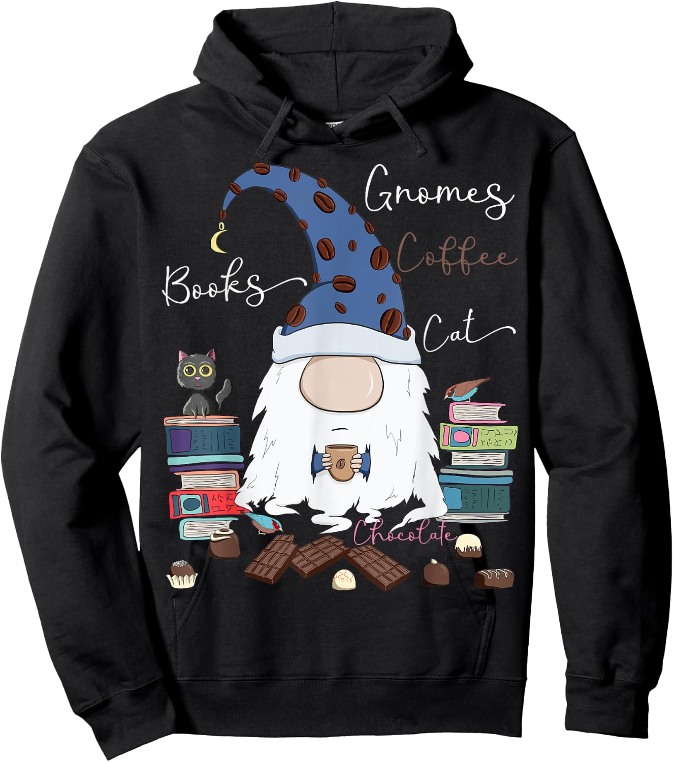 Gnomes Coffee Books Cat Chocolate Funny Gnome & Coffee Lover Men Women Girls Kids Hoodie - Hoodie | Black