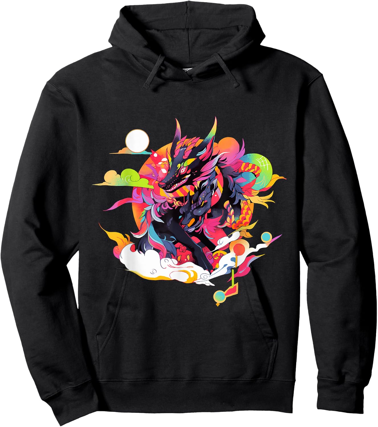 Japanese Inspired Retro Wolf Hoodie - Hoodie | Black