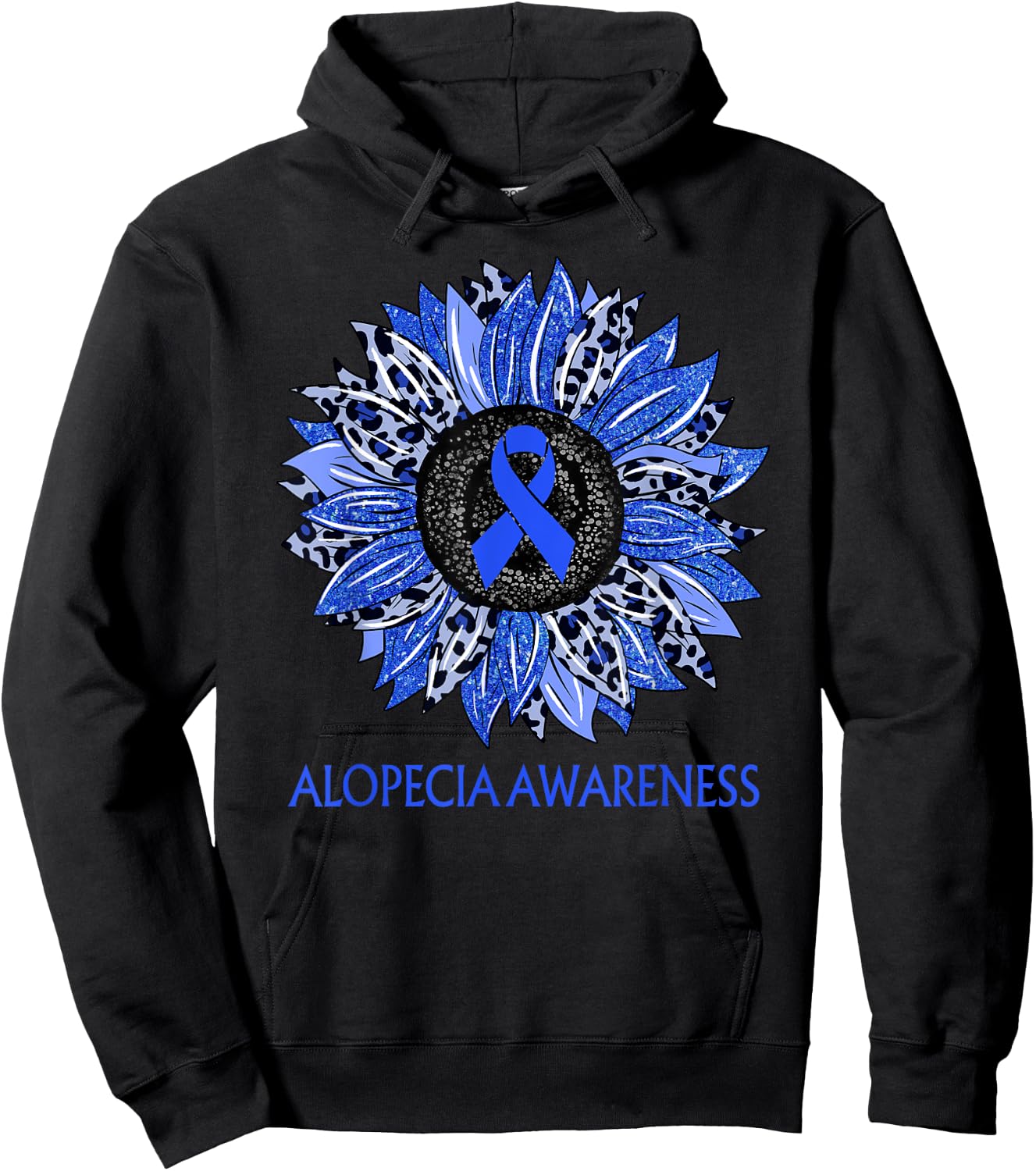 Leopard Sunflower Alopecia Awareness Blue Ribbon Support Hoodie - Hoodie | Black