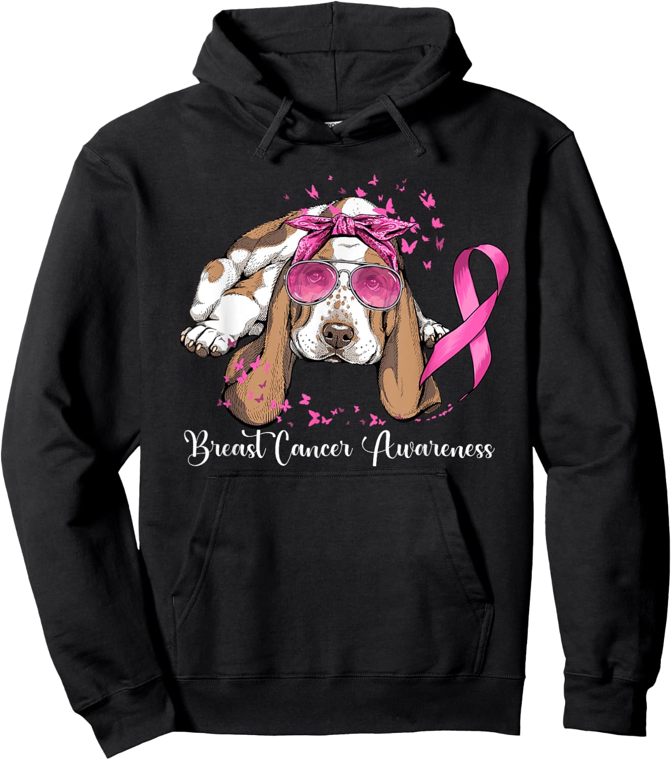 Basset Hound Dog Lover Pink Ribbon Breast Cancer Awareness Men Women Hoodie - Hoodie | Black