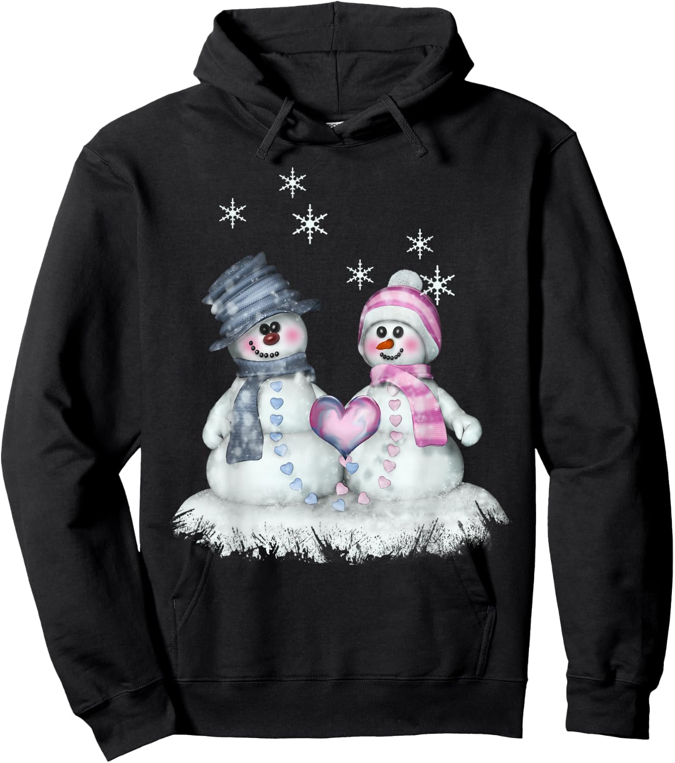 Snowman & Snowwoman with Heart Winter Motif Hoodie - Hoodie | Black