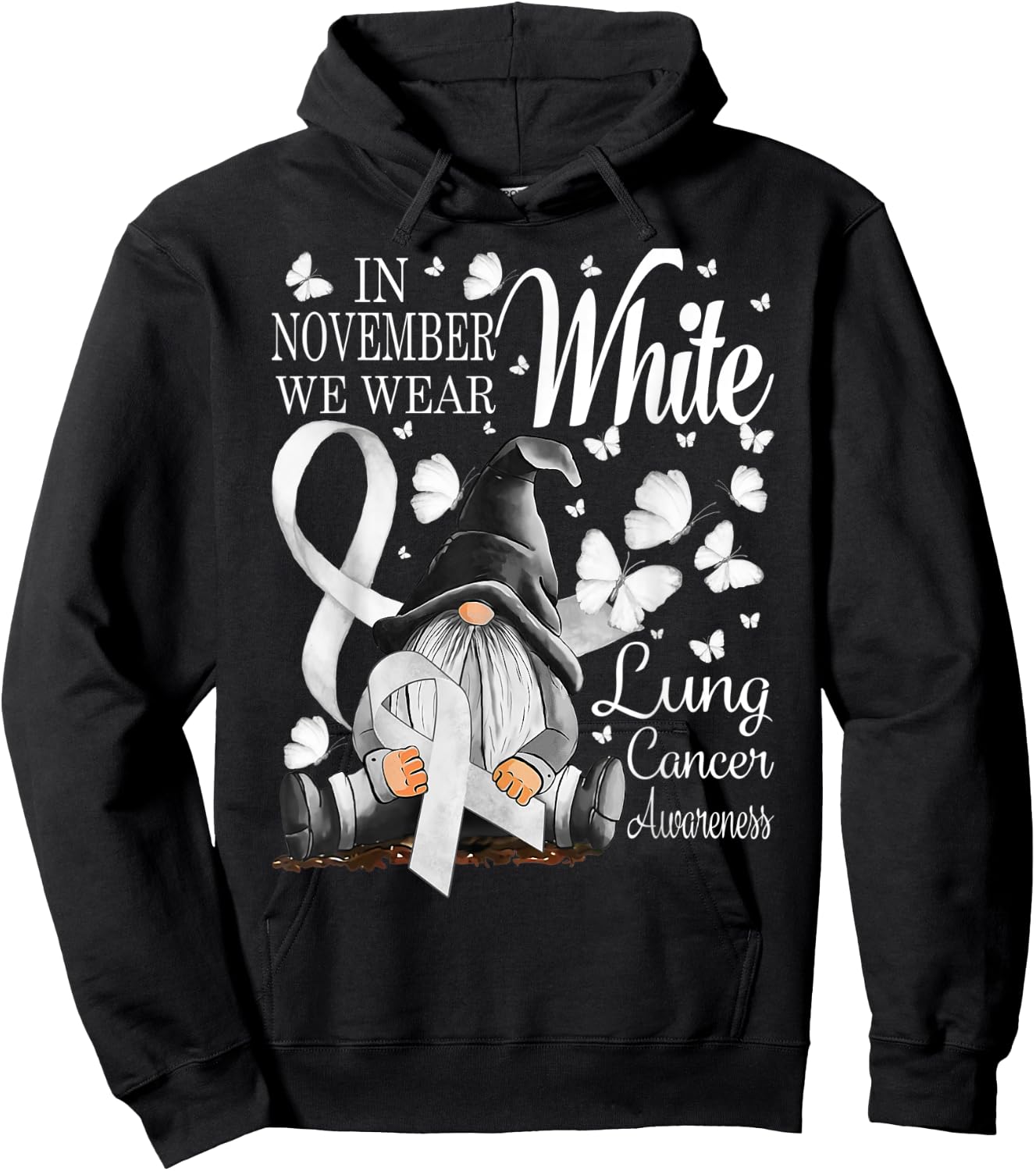 In November We Wear White Lung Cancer Awareness Gnomes Hoodie - Hoodie | Black