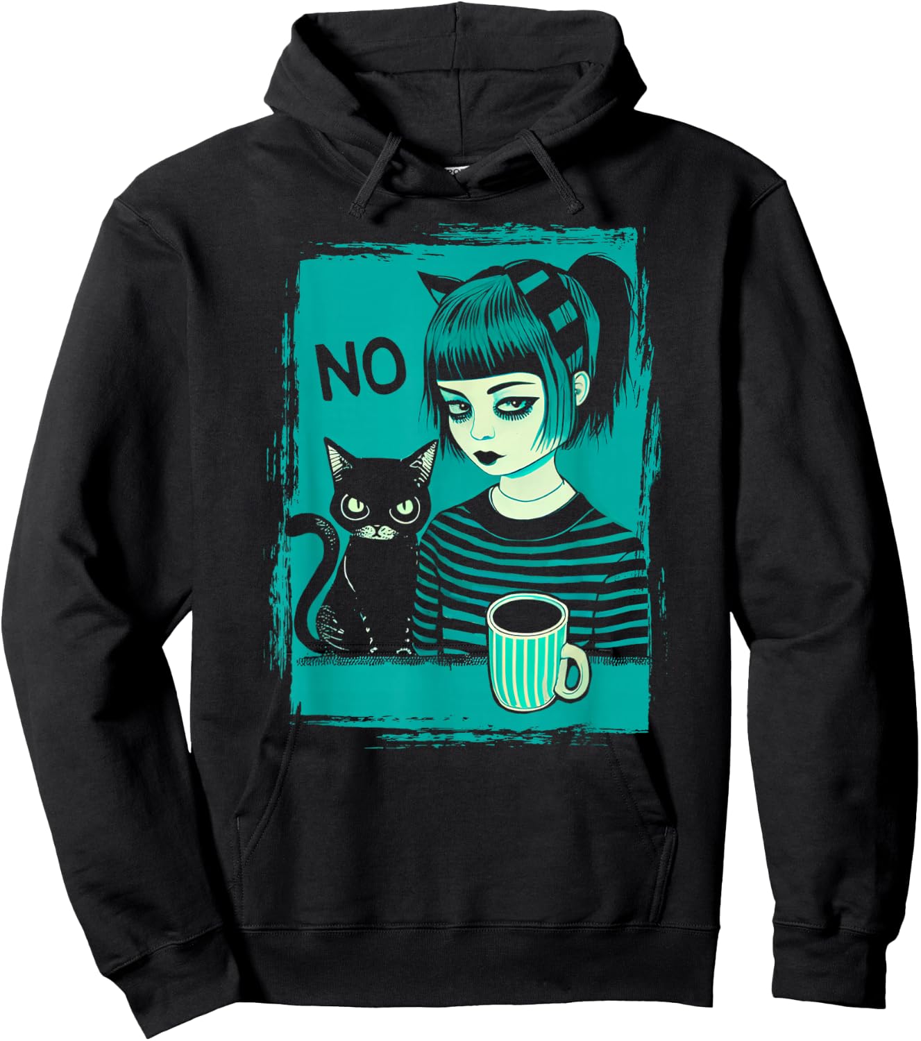 Dark At Heart Punk Goth Girl Says No With Cat And Coffee Hoodie - Hoodie | Black