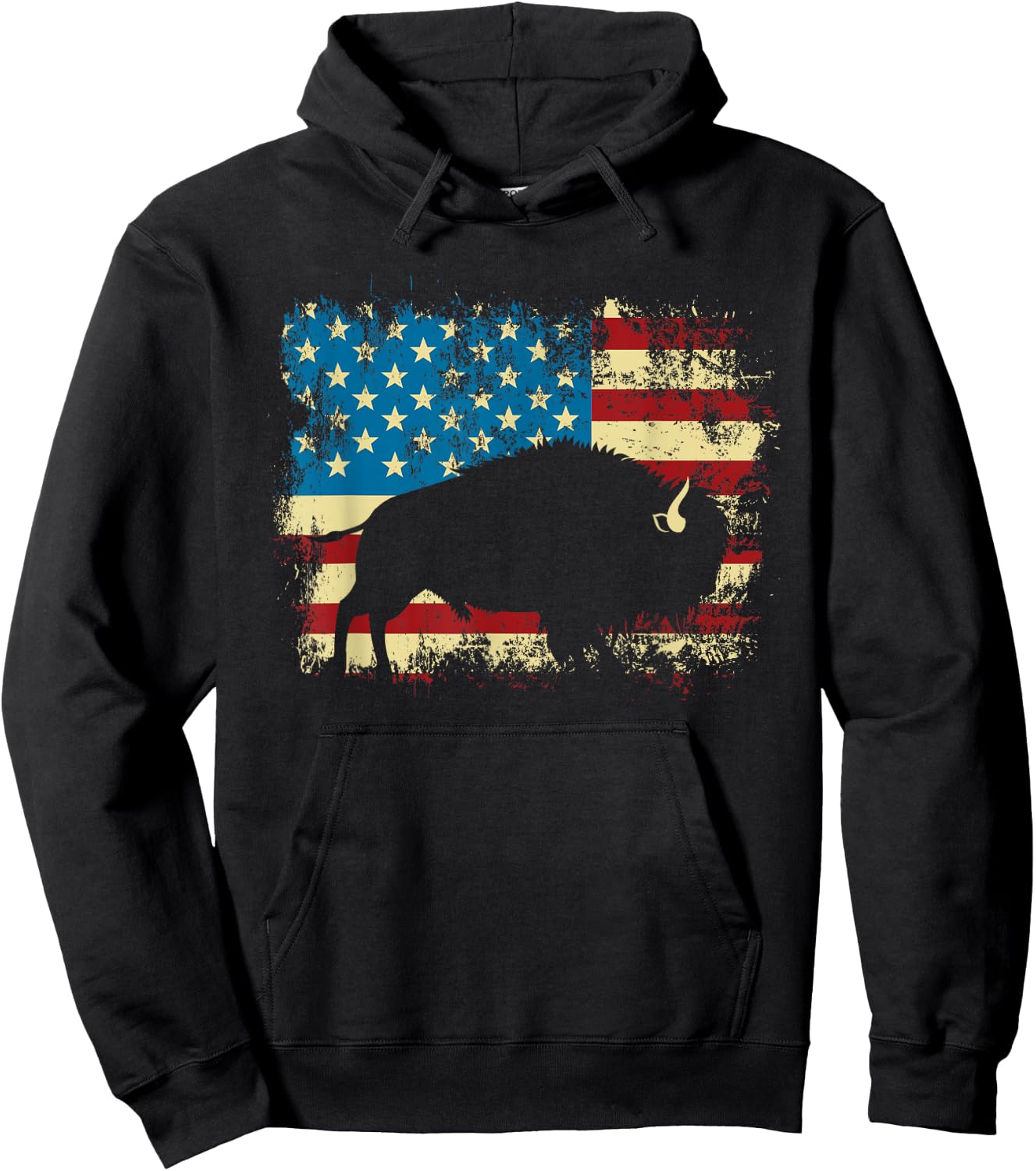 Patriotic American Bison Buffalo Lover Wildlife USA Flag Hoodie - Hoodie | Black