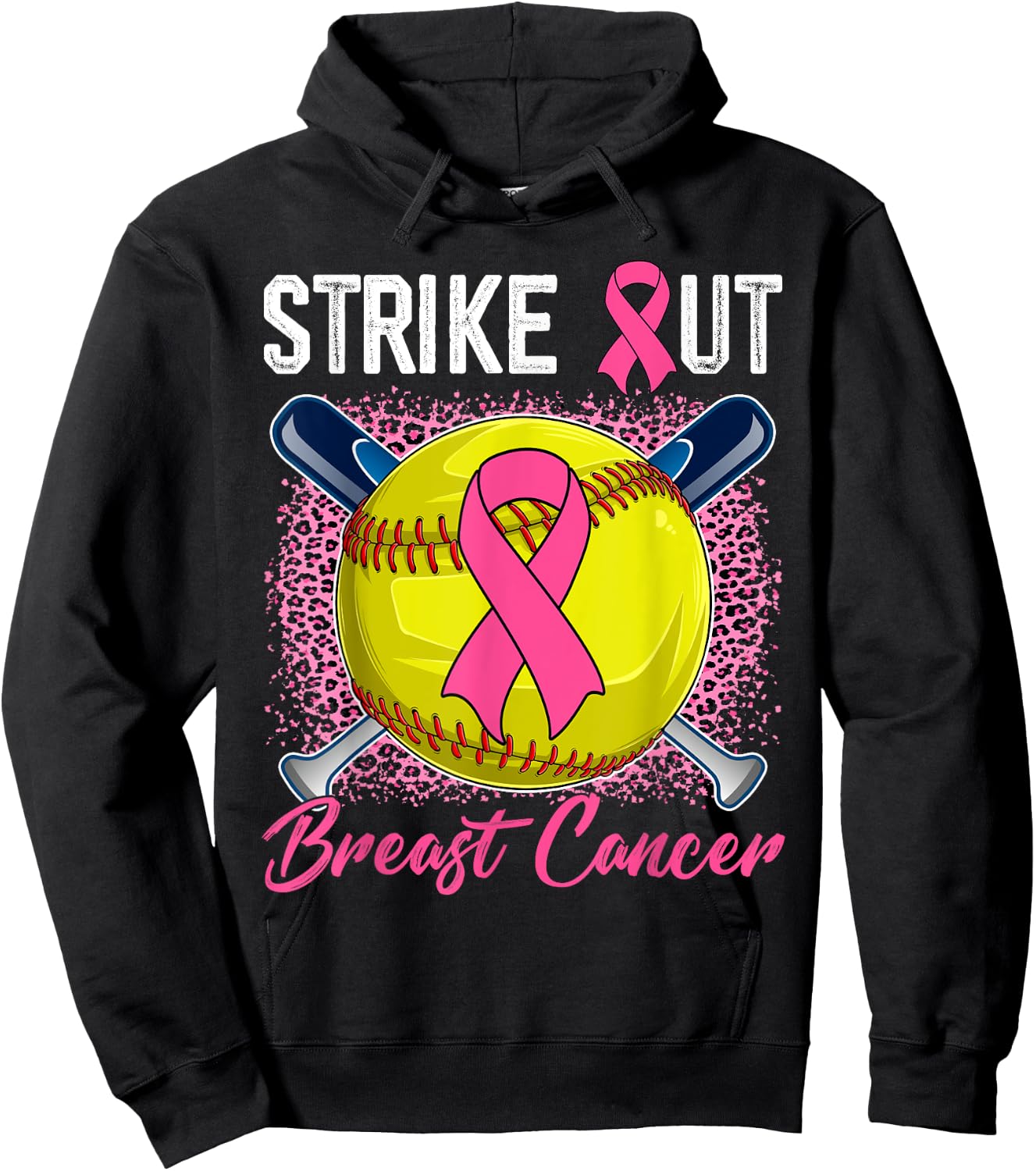Strike Out Breast Cancer Softball Ball & Pink Ribbon Women Hoodie - Hoodie | Black