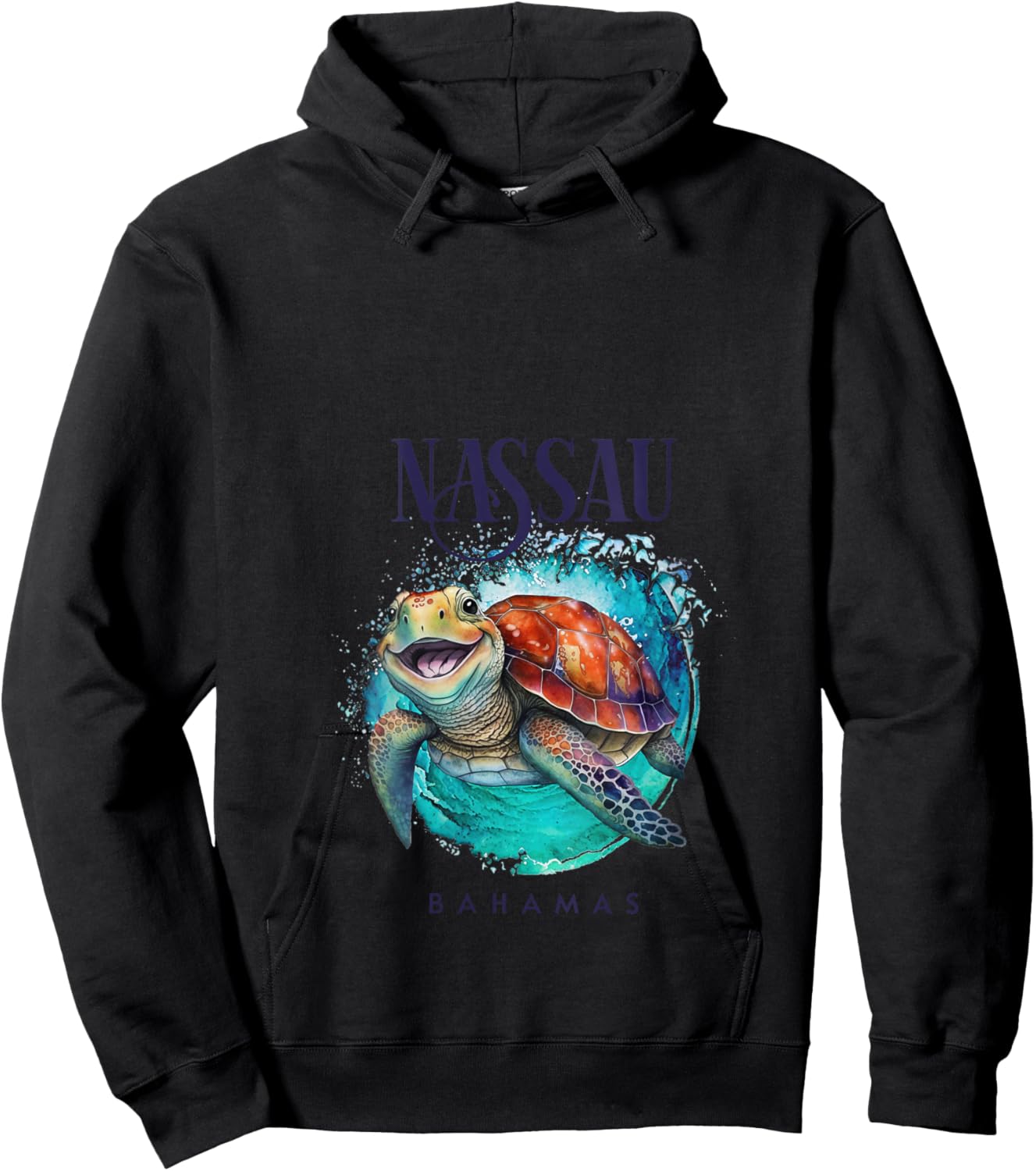 Nassau Bahamas Watercolor Happy Sea Turtle V-Neck Hoodie - Hoodie | Black