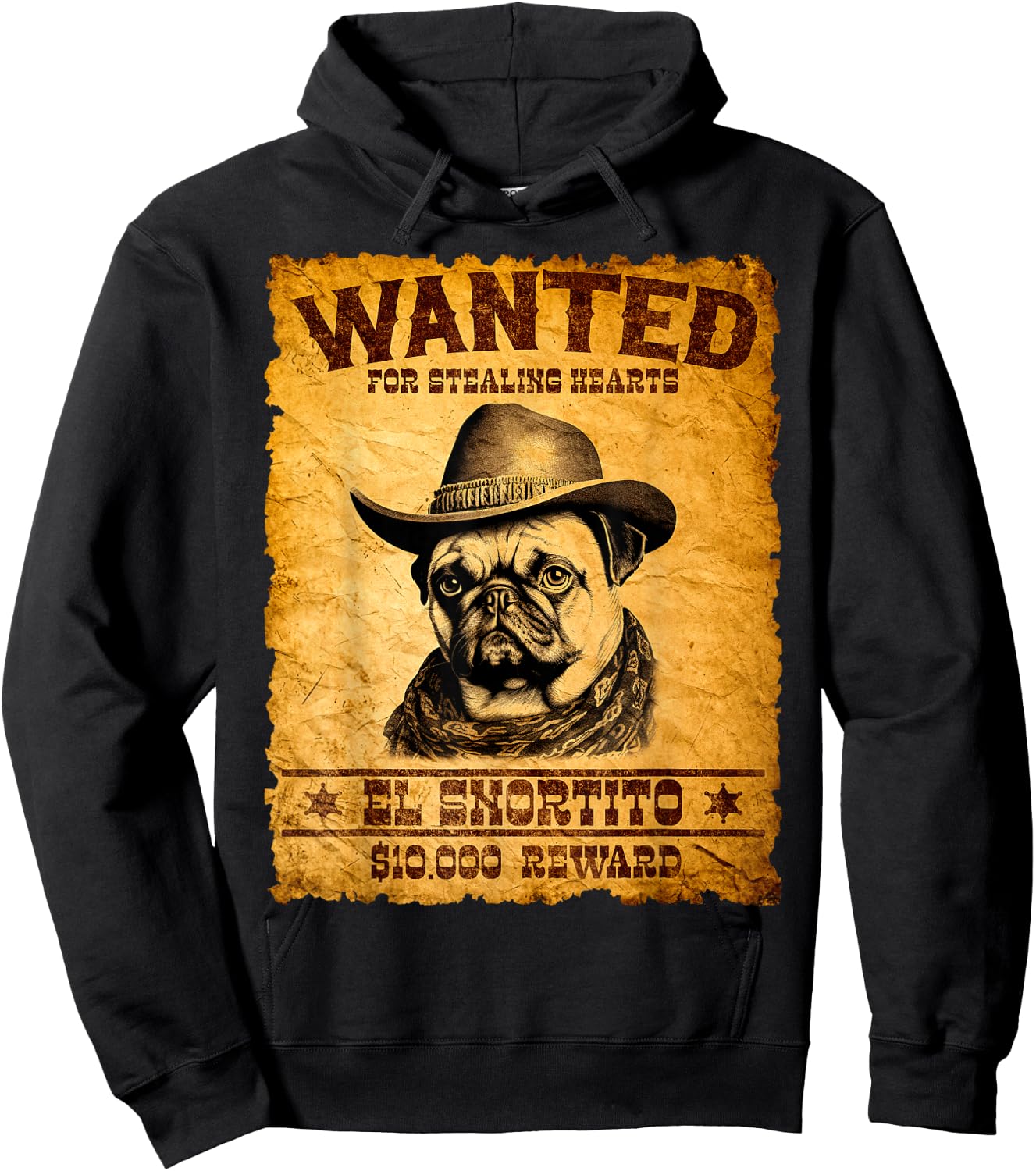 Funny Vintage Pug Wanted Poster Cute Western Cowboy Pug Dog Hoodie - Hoodie | Black