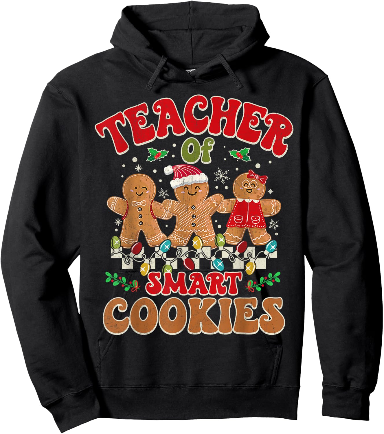 Groovy Retro Christmas Teacher Cute Gingerbread Cookies Hoodie - Hoodie | Black