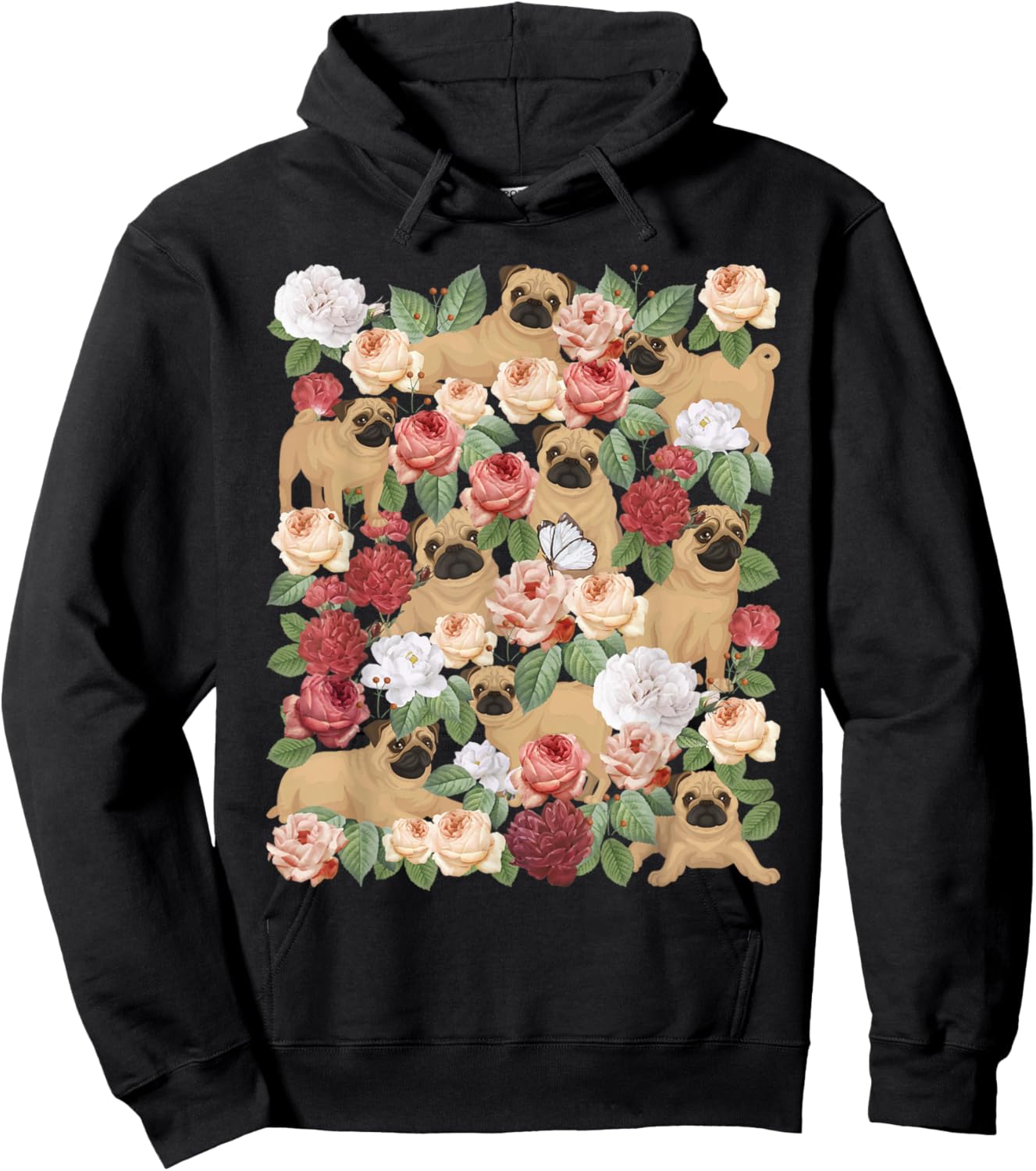Botanical Black Pug Garden - Floral Dog Owner Pet Lover Hoodie - Hoodie | Black